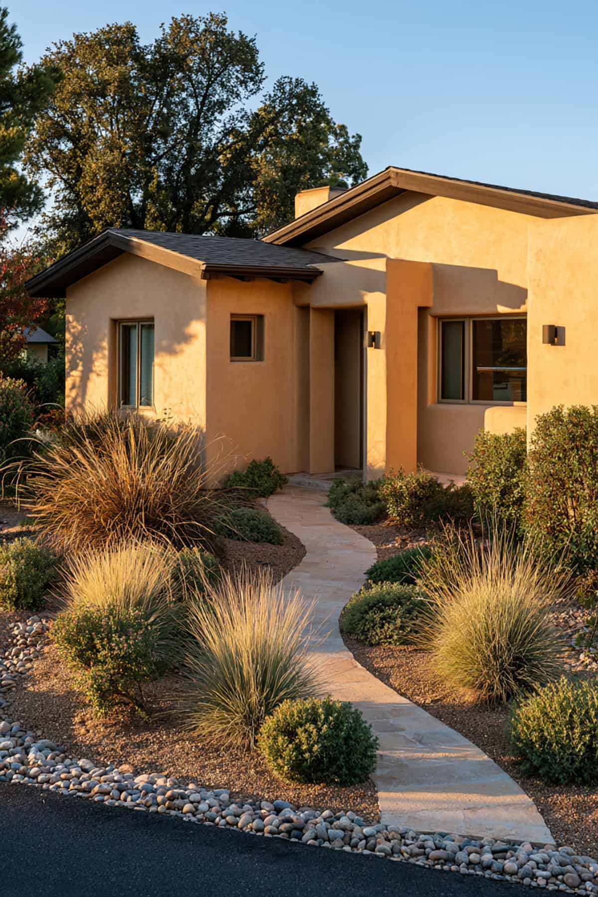 Earth Toned Stucco Bungalow With Layered Landscaping