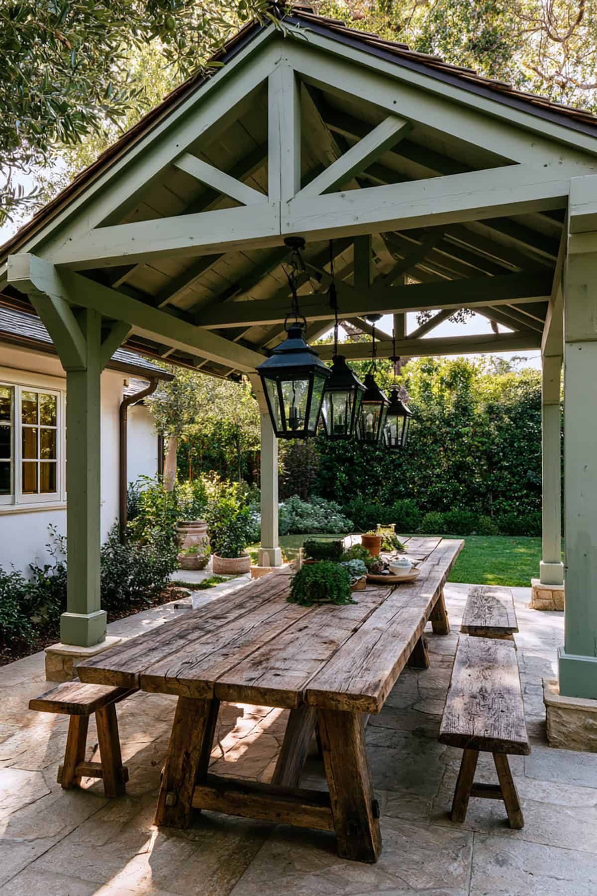 Farmhouse Covered Patio With Long Dining Table