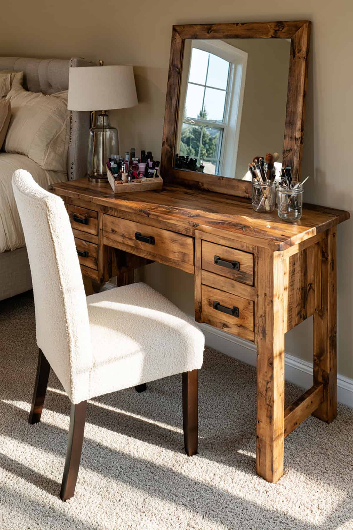 Farmhouse Makeup Vanity With Rustic Wood Finish