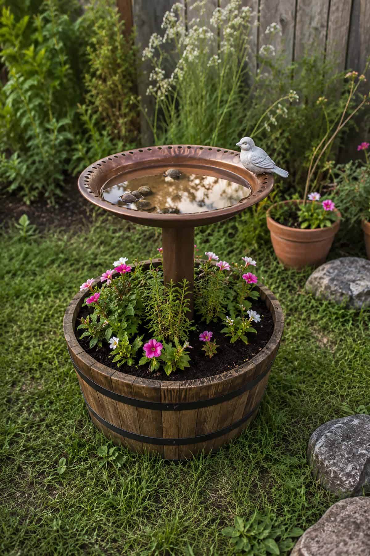 Flower filled Barrel Planter Bird Bath