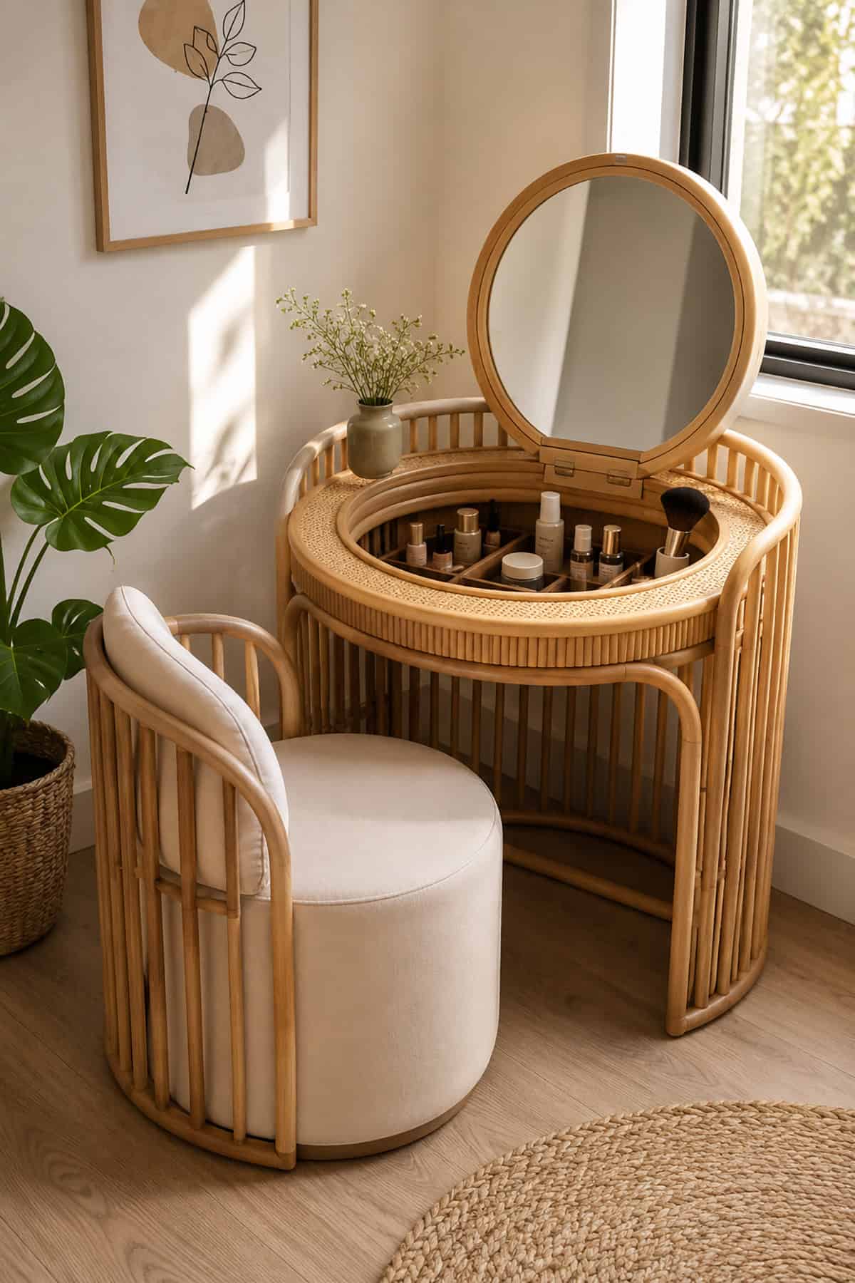 Fold Down Mirror Rattan Vanity Table