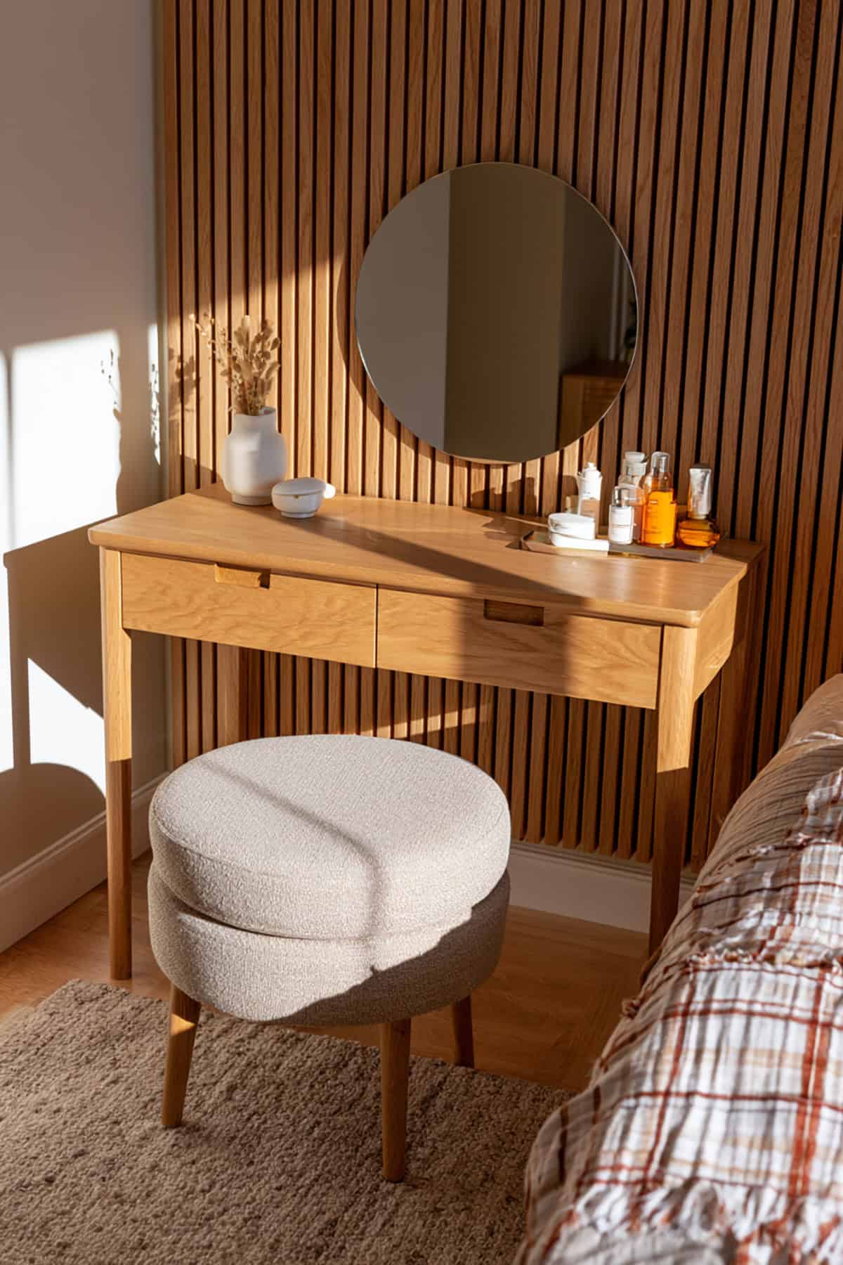 Japandi Makeup Vanity With Wood Slat Wall
