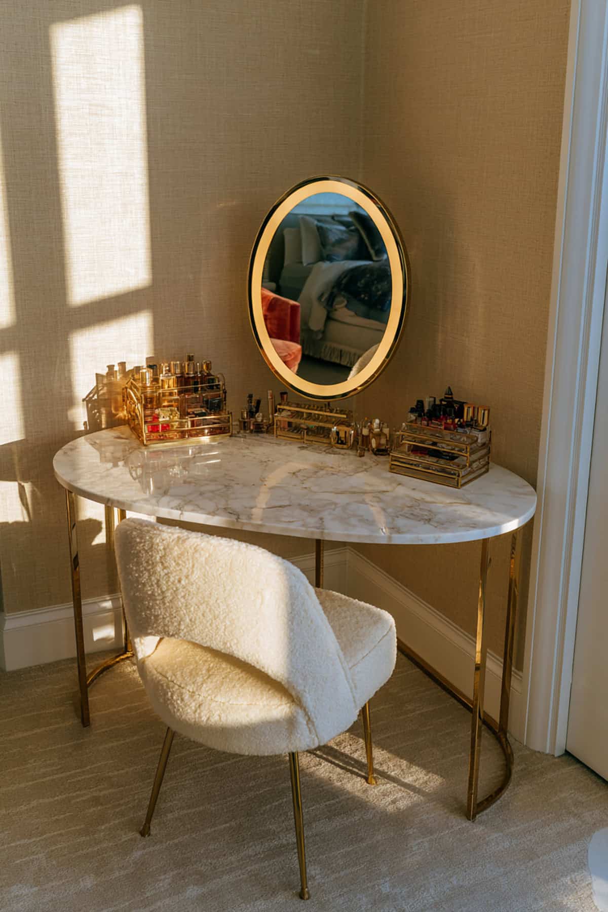 Luxe Marble Makeup Vanity With Gold Accents