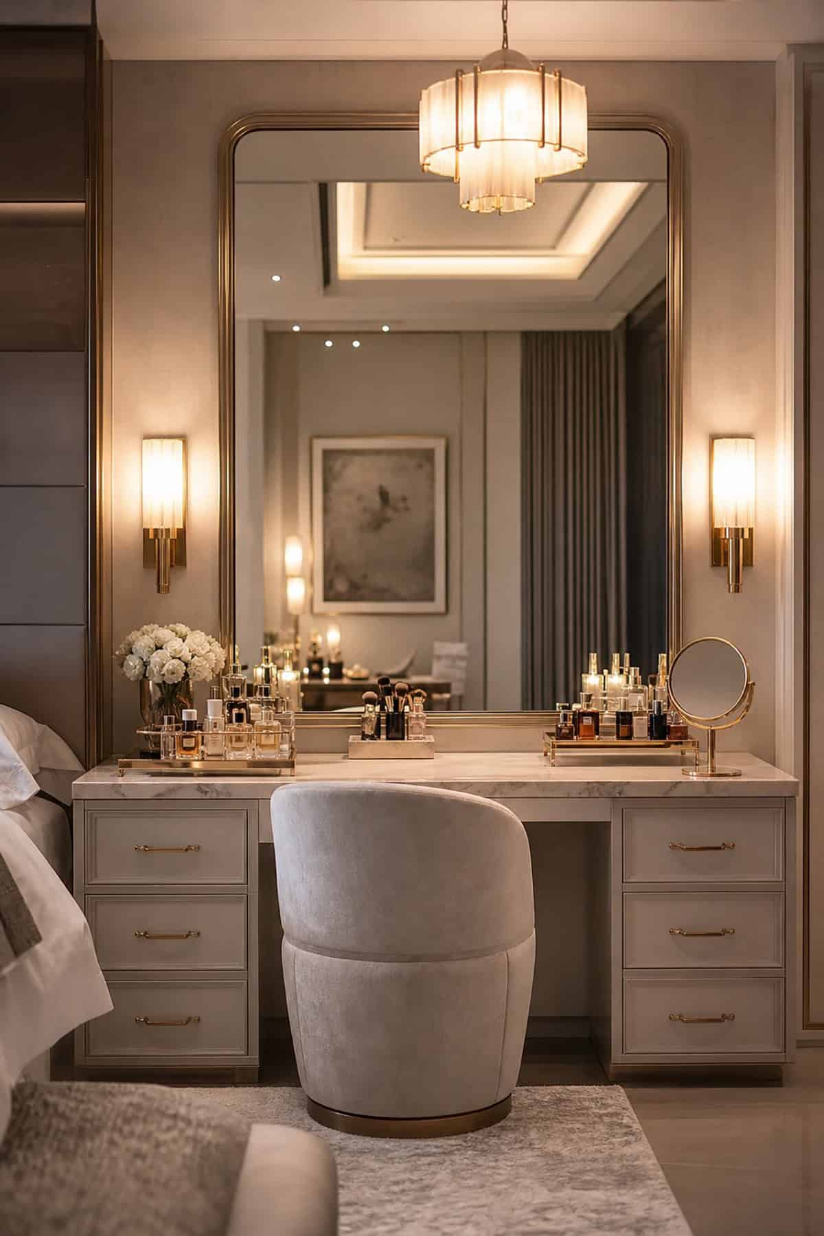 Luxury Makeup Vanity With Ceiling Pendant Lighting
