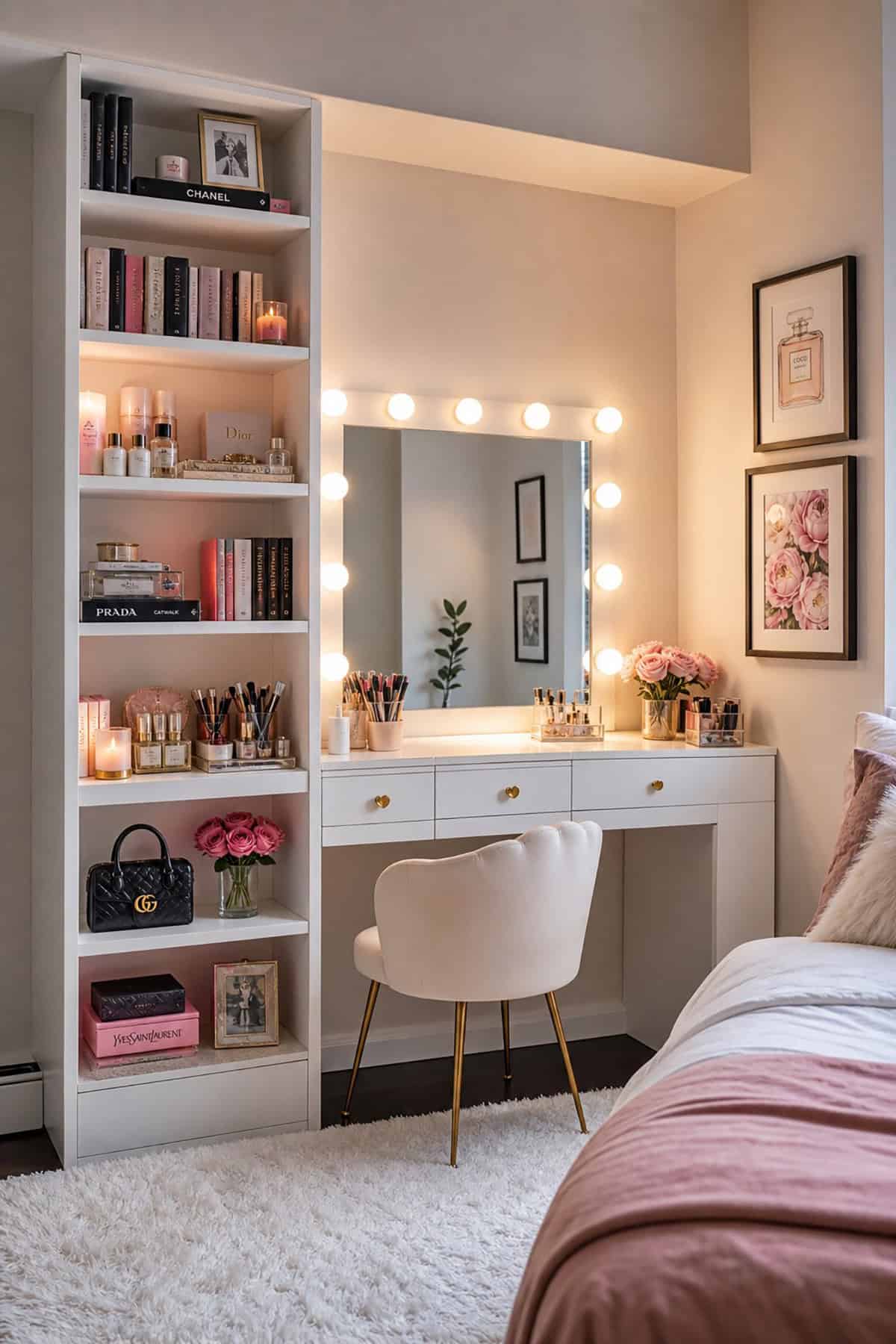 Makeup Vanity With Built In Bookshelf Tower