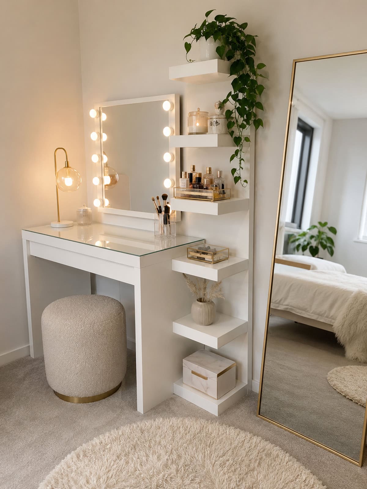 Minimal White Makeup Vanity Table with Floating Shelf