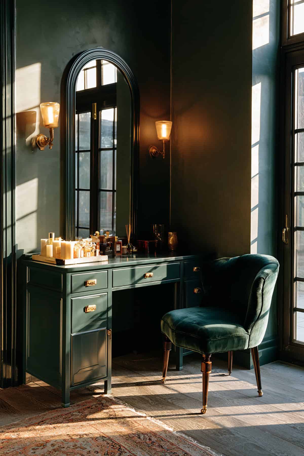 Moody Dark Green Makeup Vanity Corner