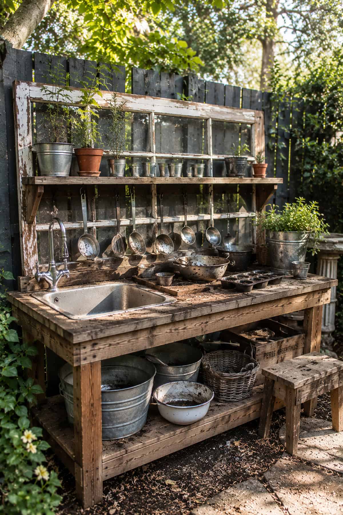 Mud Kitchen With Reclaimed Window Frame Shelf