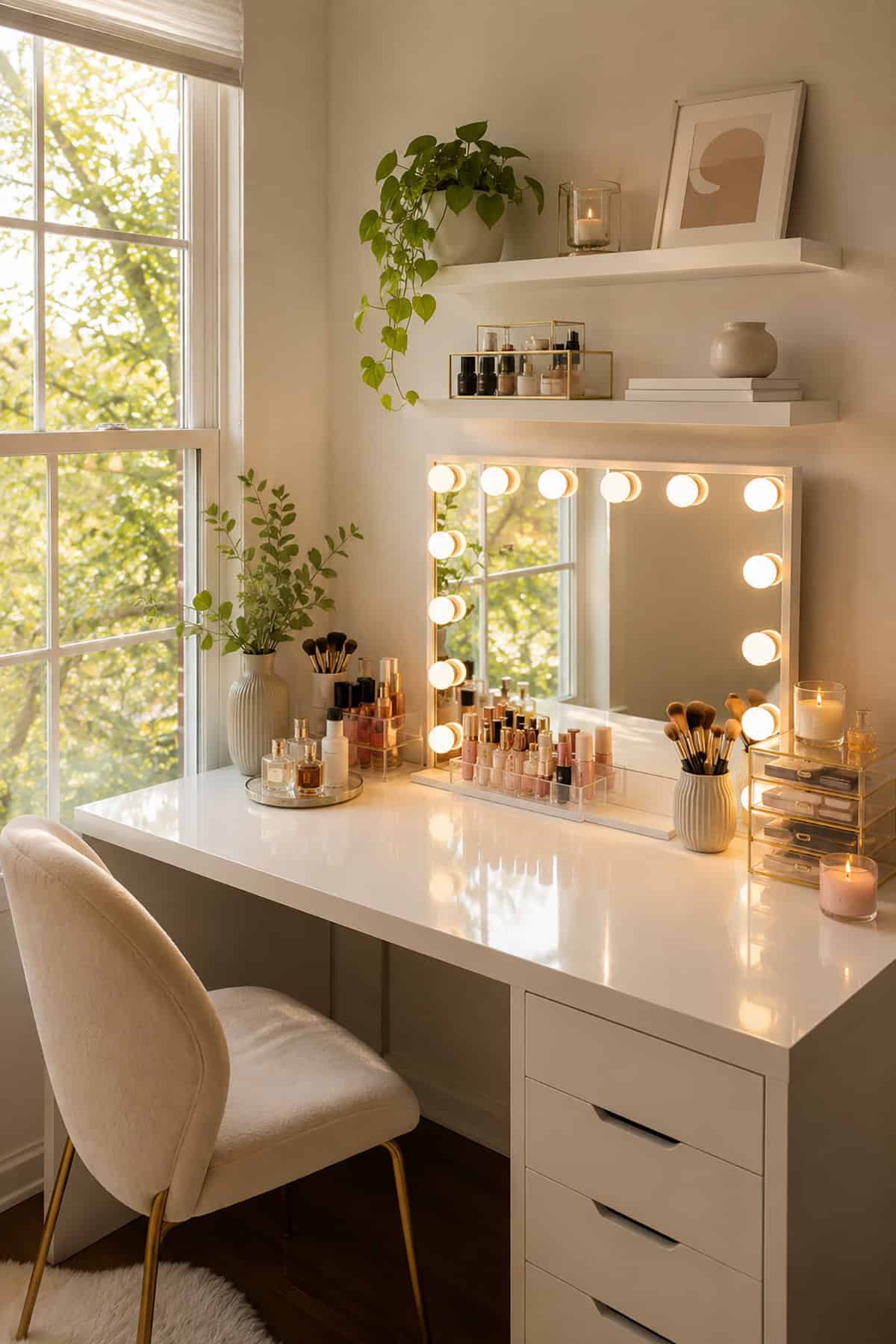 Neutral White Makeup Vanity with Floating Shelf