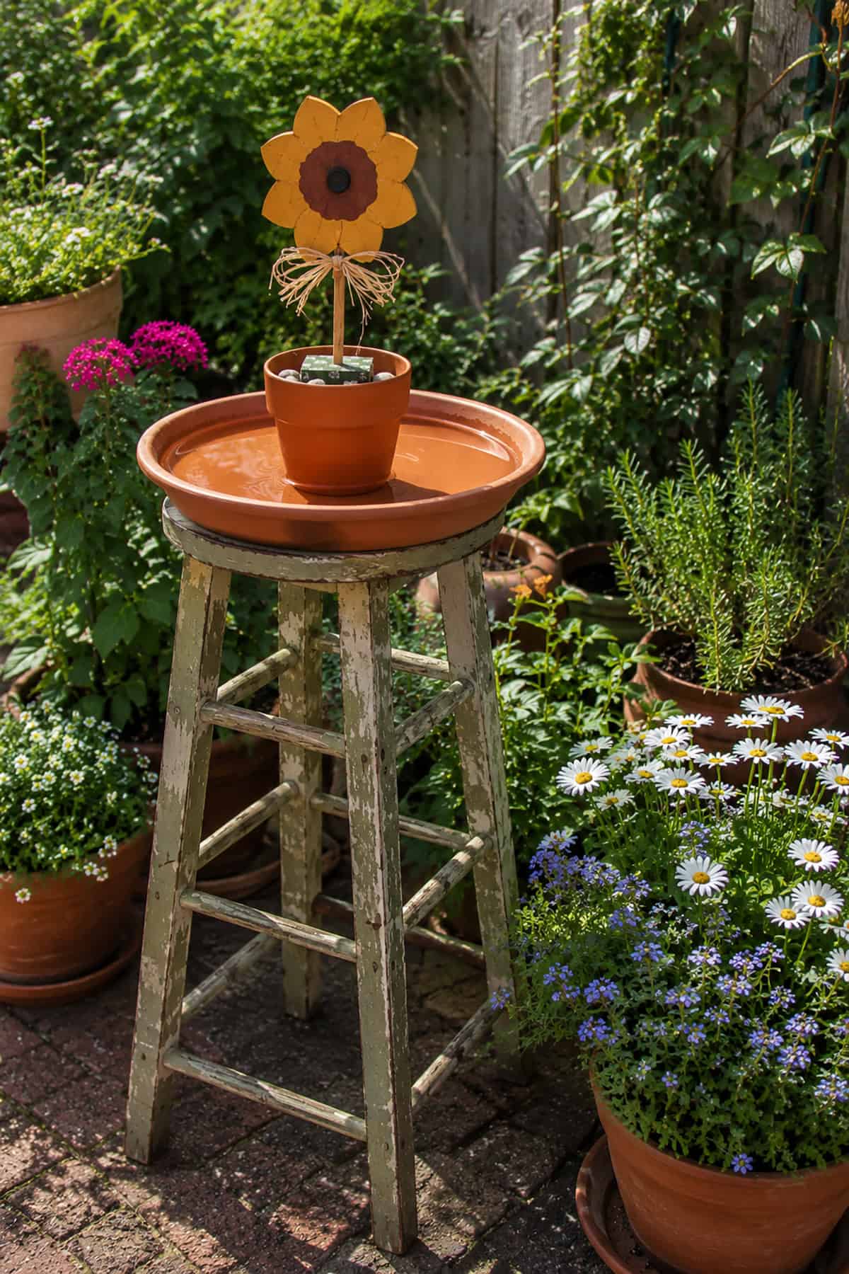 Old Stool Turned Bird Bath