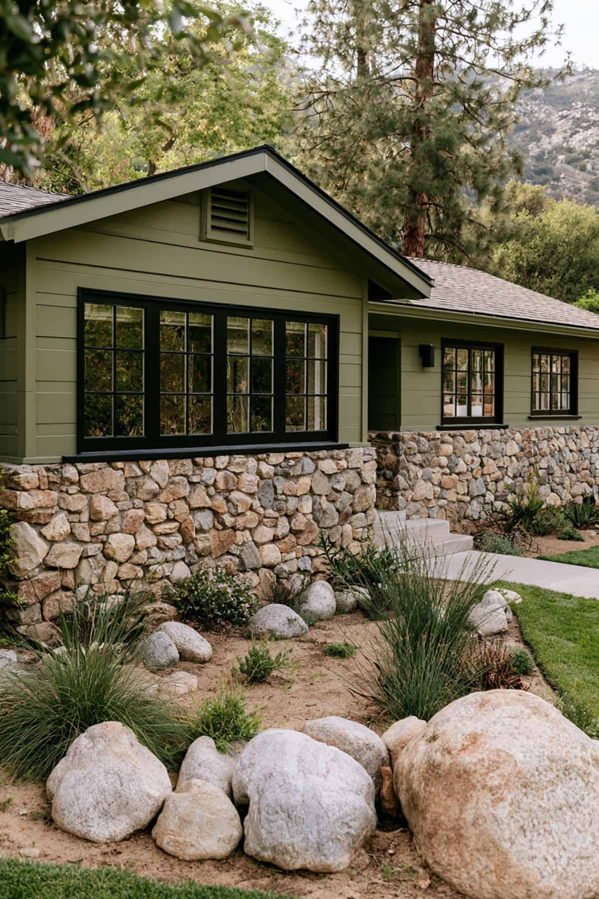 Olive Green Bungalow With Natural Stone Base