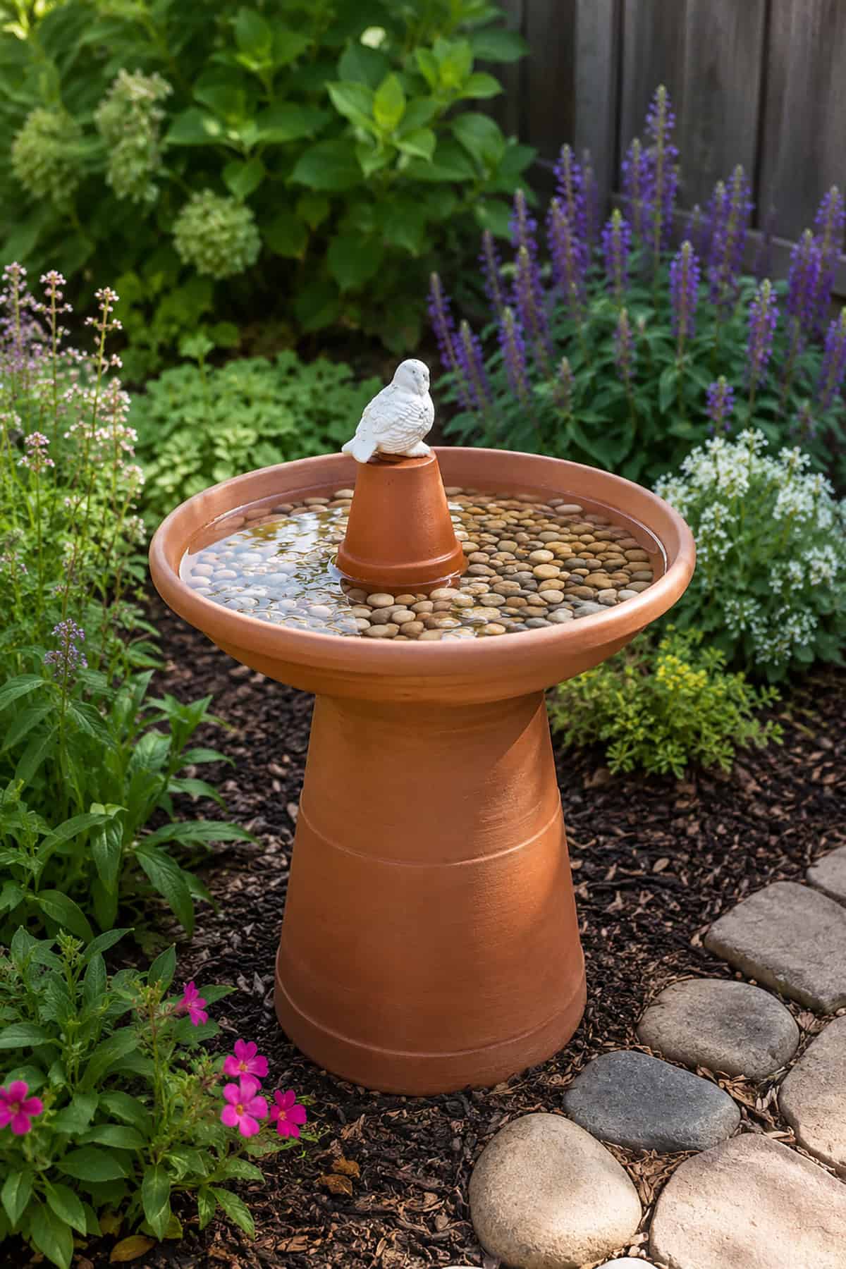 Pebble Filled Terracotta Bird Bath