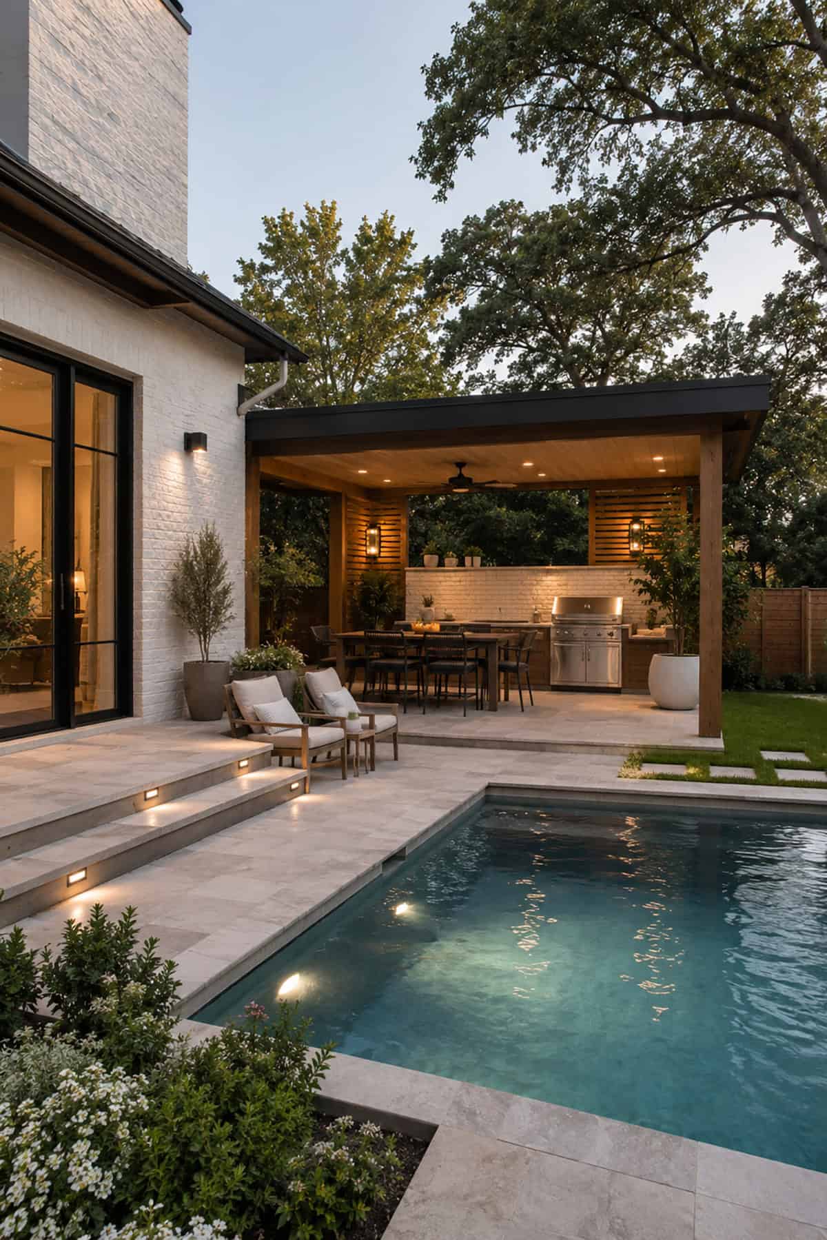 Poolside Wood Ceiling Covered Patio With Built In Grill
