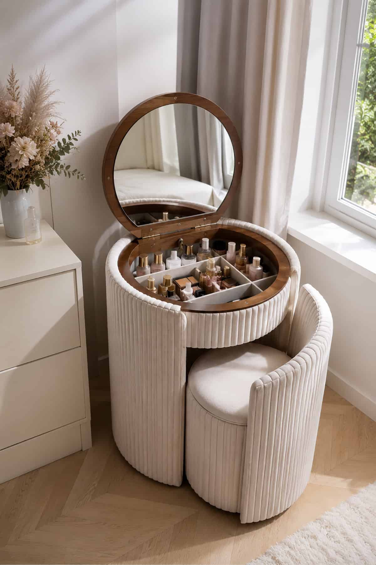 Round Bouclé Makeup Vanity With Fold Away Mirror