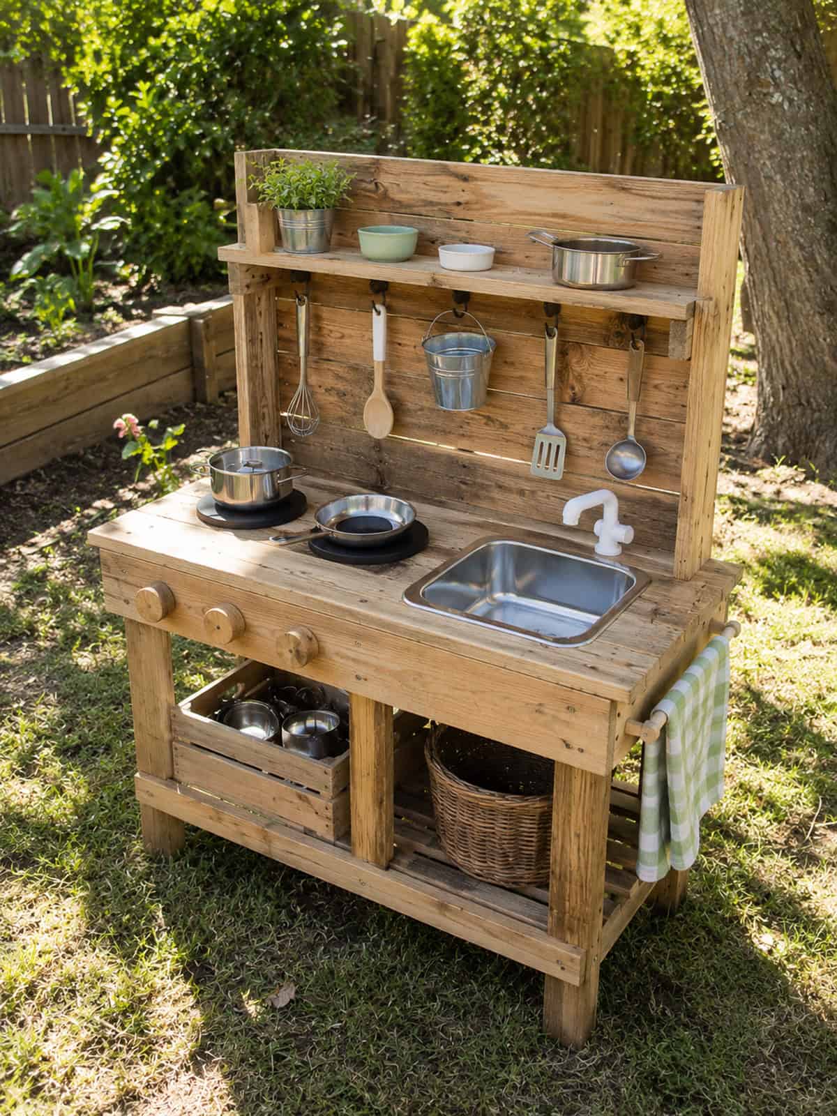 Rustic Mud Kitchen With Simple Cooking Station