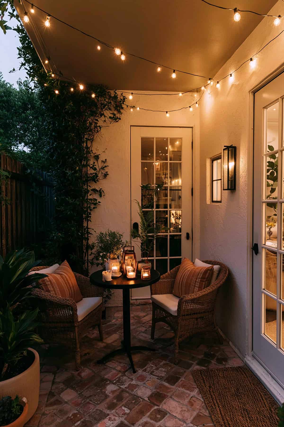 Small Covered Patio With Bistro Table And String Lights
