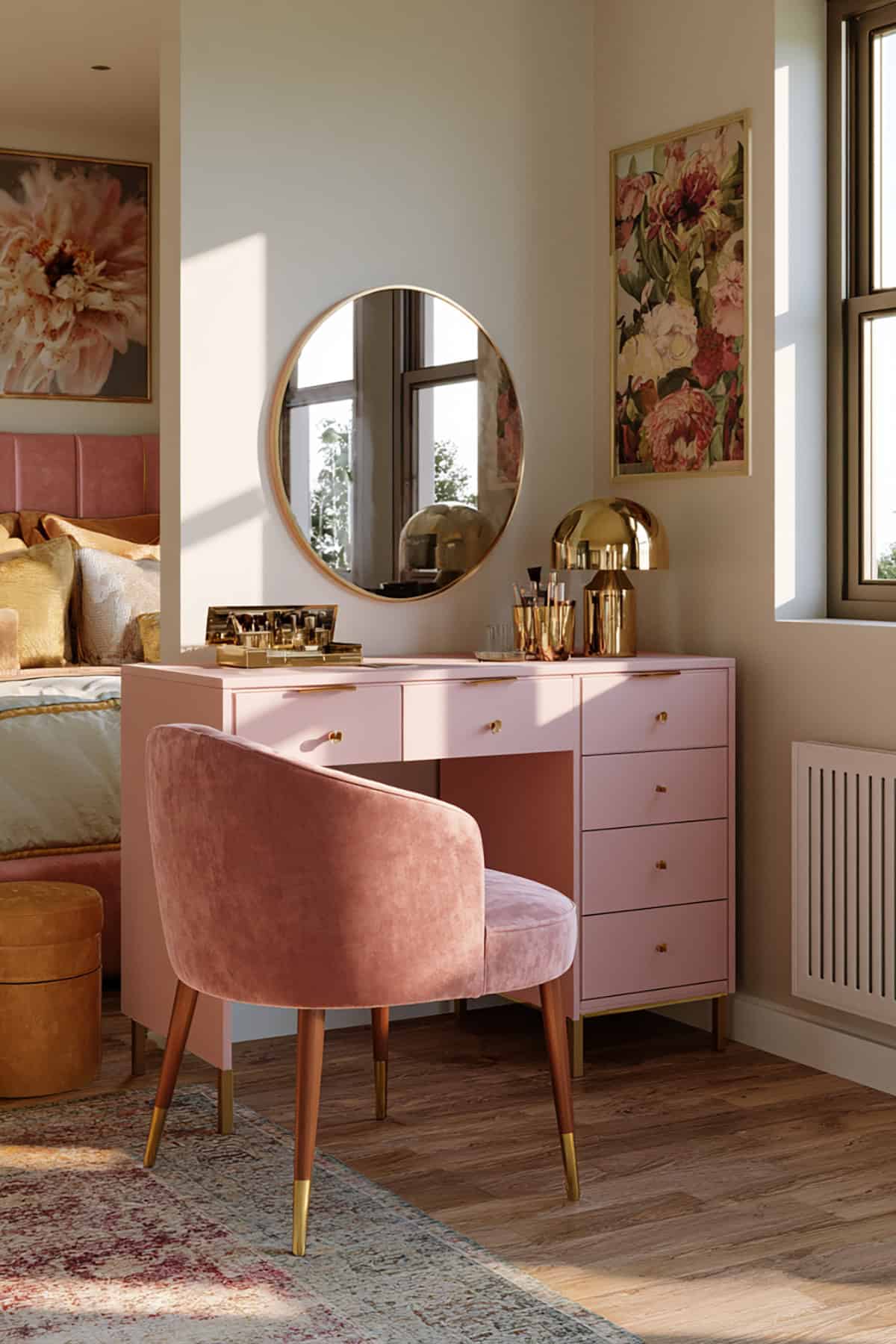 Soft Pink Makeup Vanity With Gold Details