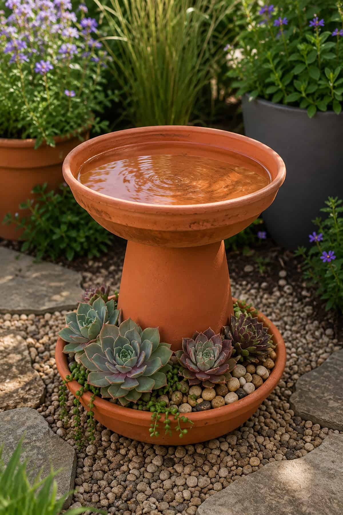 Succulent Base Bird Bath Idea