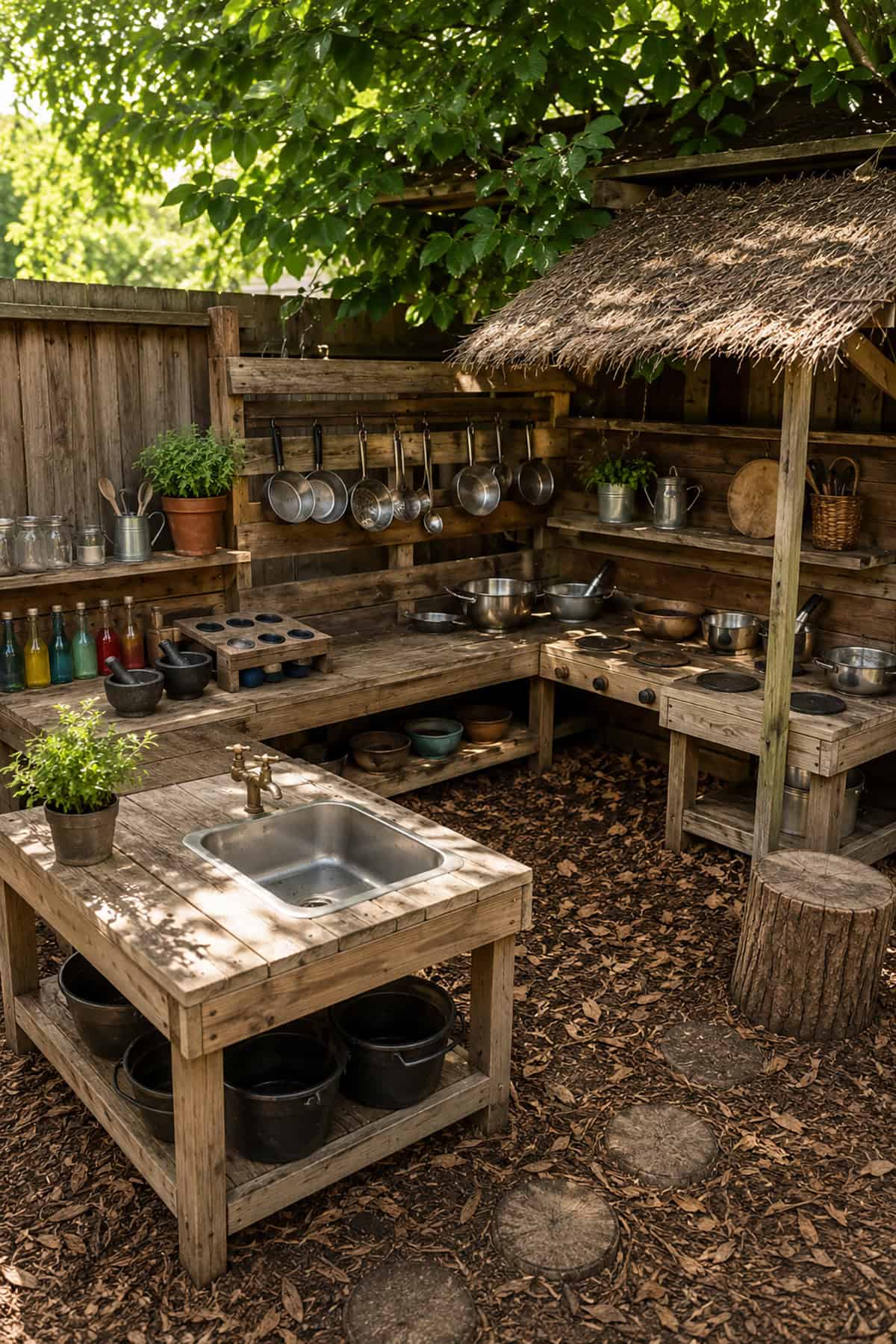 U Shaped Mud Kitchen With Thatched Shelter