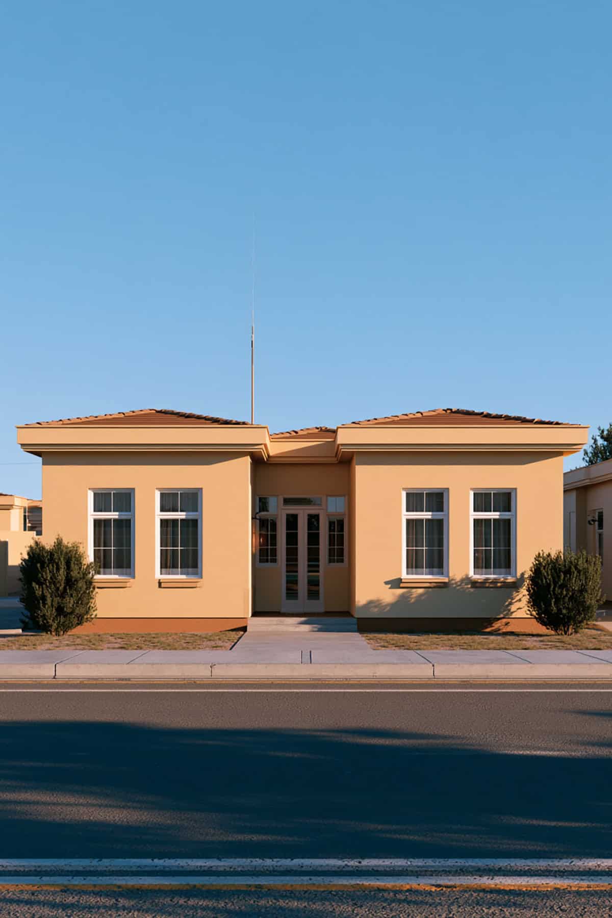 Warm Beige Bungalow With Layered Roof Sections