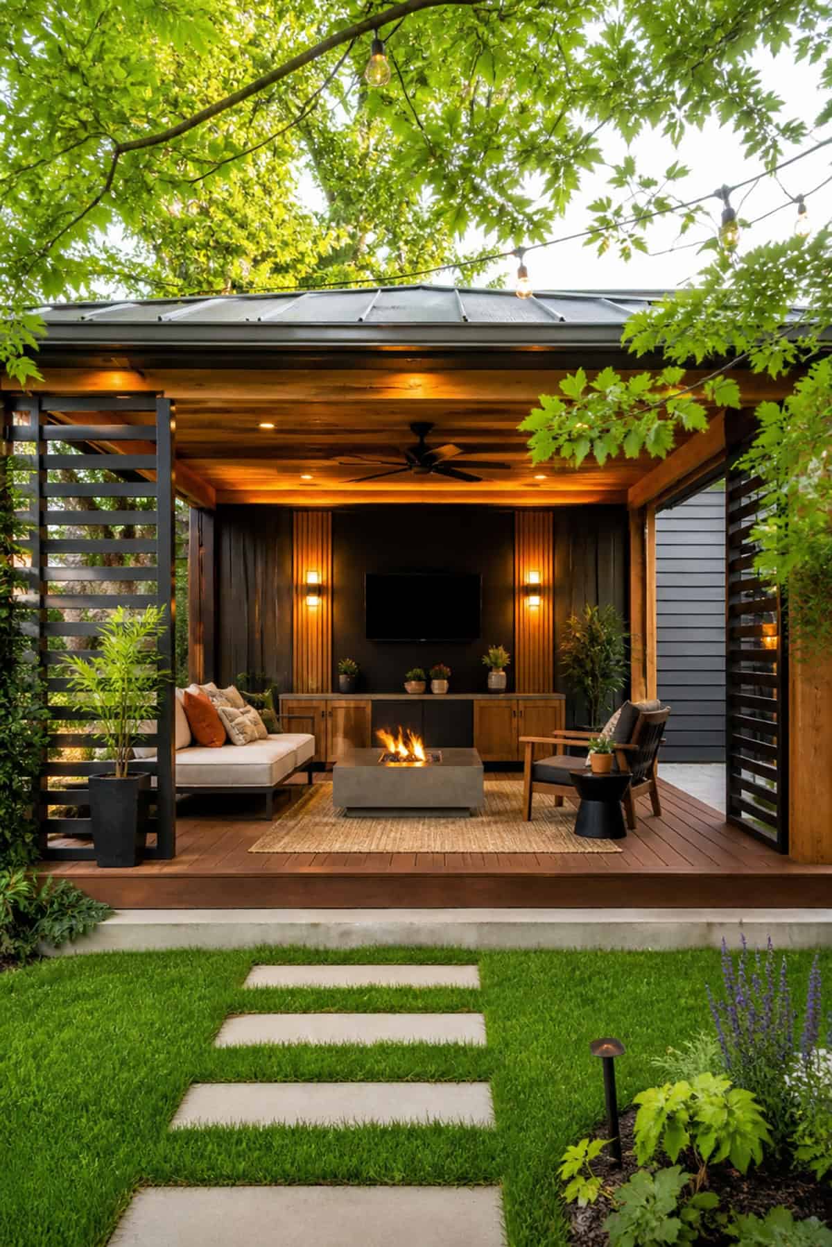 Wood Ceiling Covered Patio With TV Wall