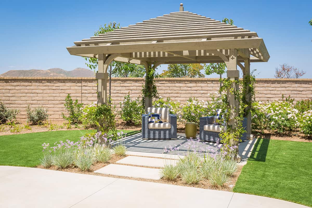 Wood Gazebo Covered Patio with Shingle Roof and Desert Landscaping