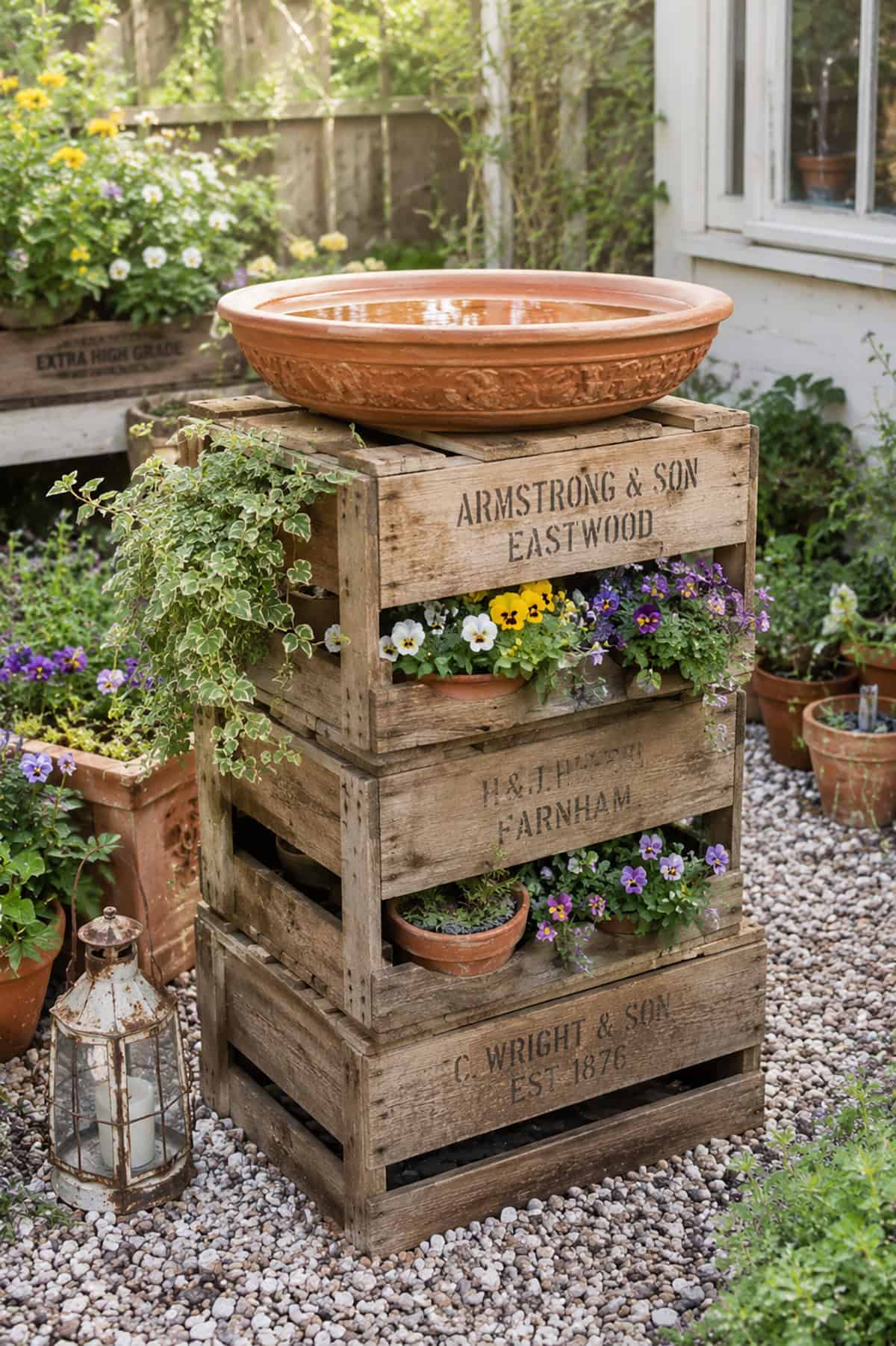 Wooden Crate Stack Bird Bath