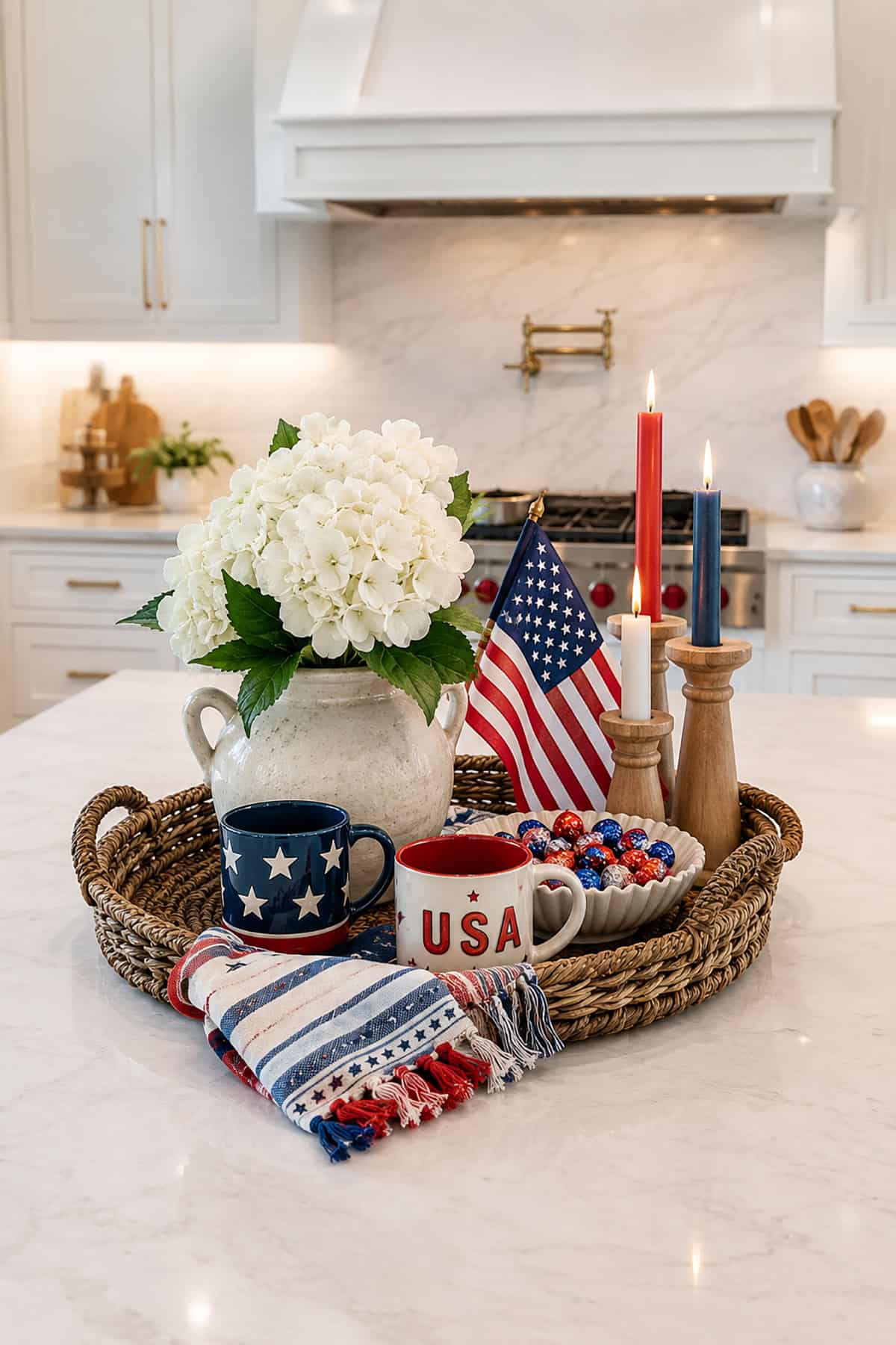 Americana Coffee Mug and White Hydrangea Display