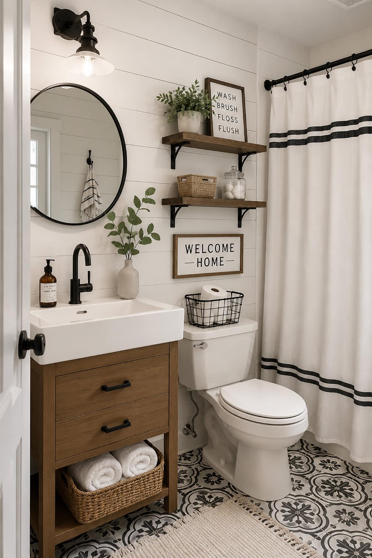 Black And White Farmhouse Bathroom with Floating Wood Shelves