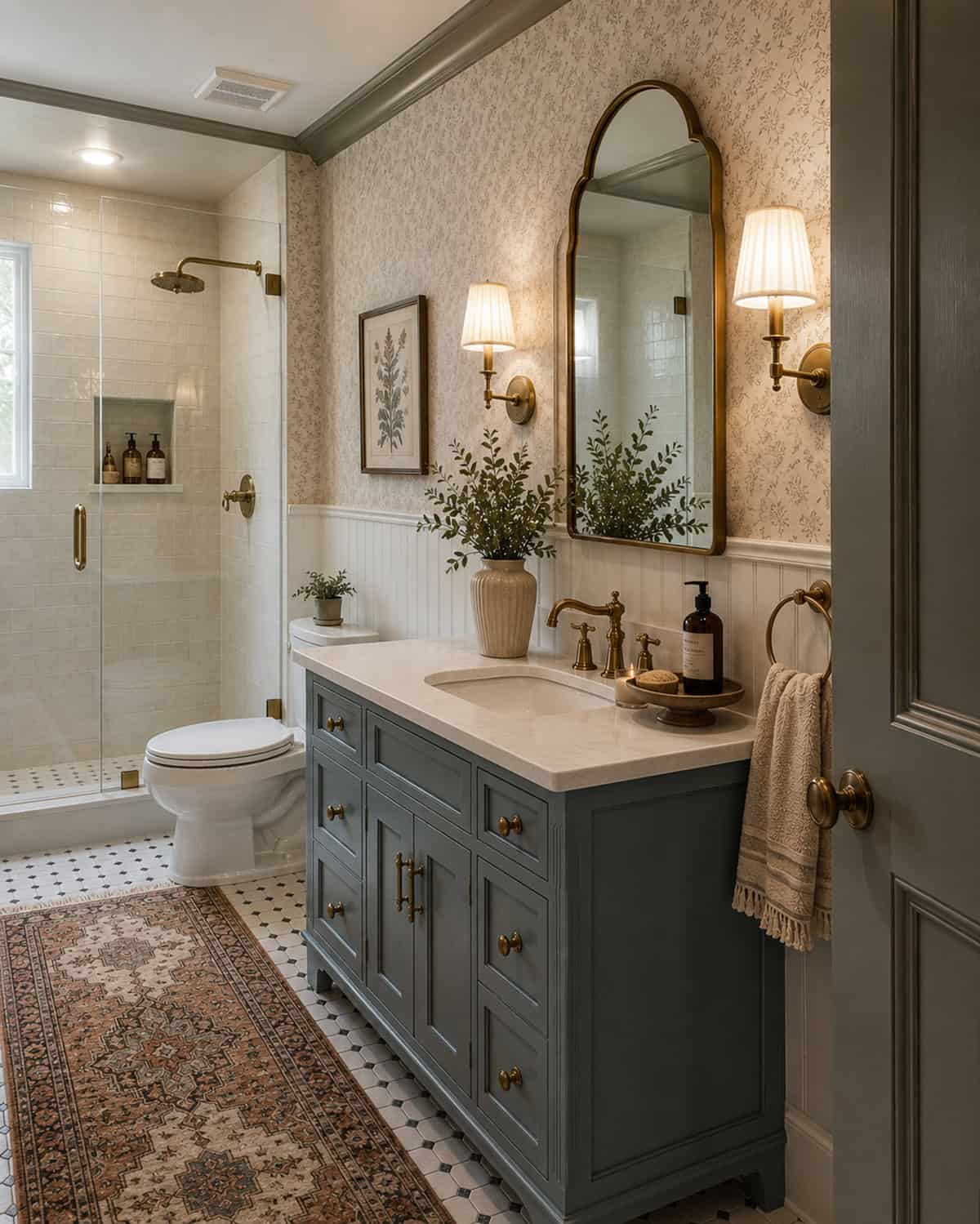 Blue Vanity With Brass Hardware and Floral Wallpaper