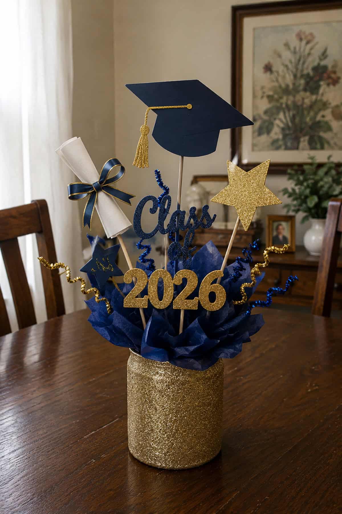 Blue and Gold Glitter Graduation Vase Arrangement