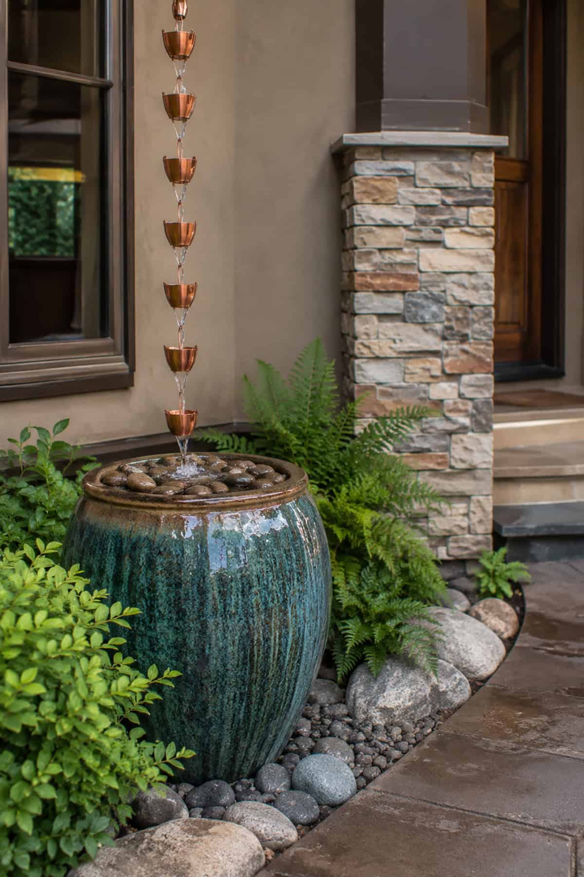 Copper Rain Chain Into Ceramic Urn