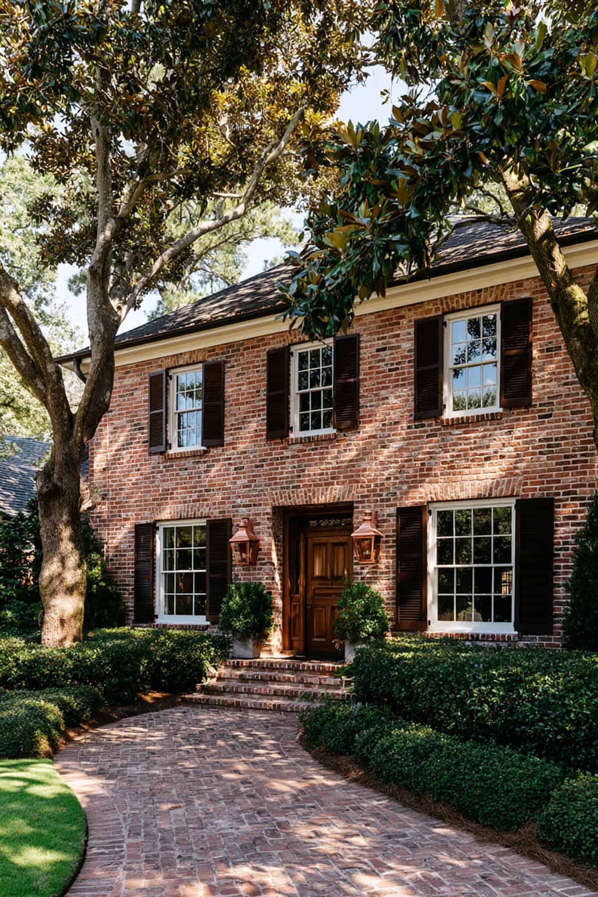 Dark Brown Shutters On Traditional Brick