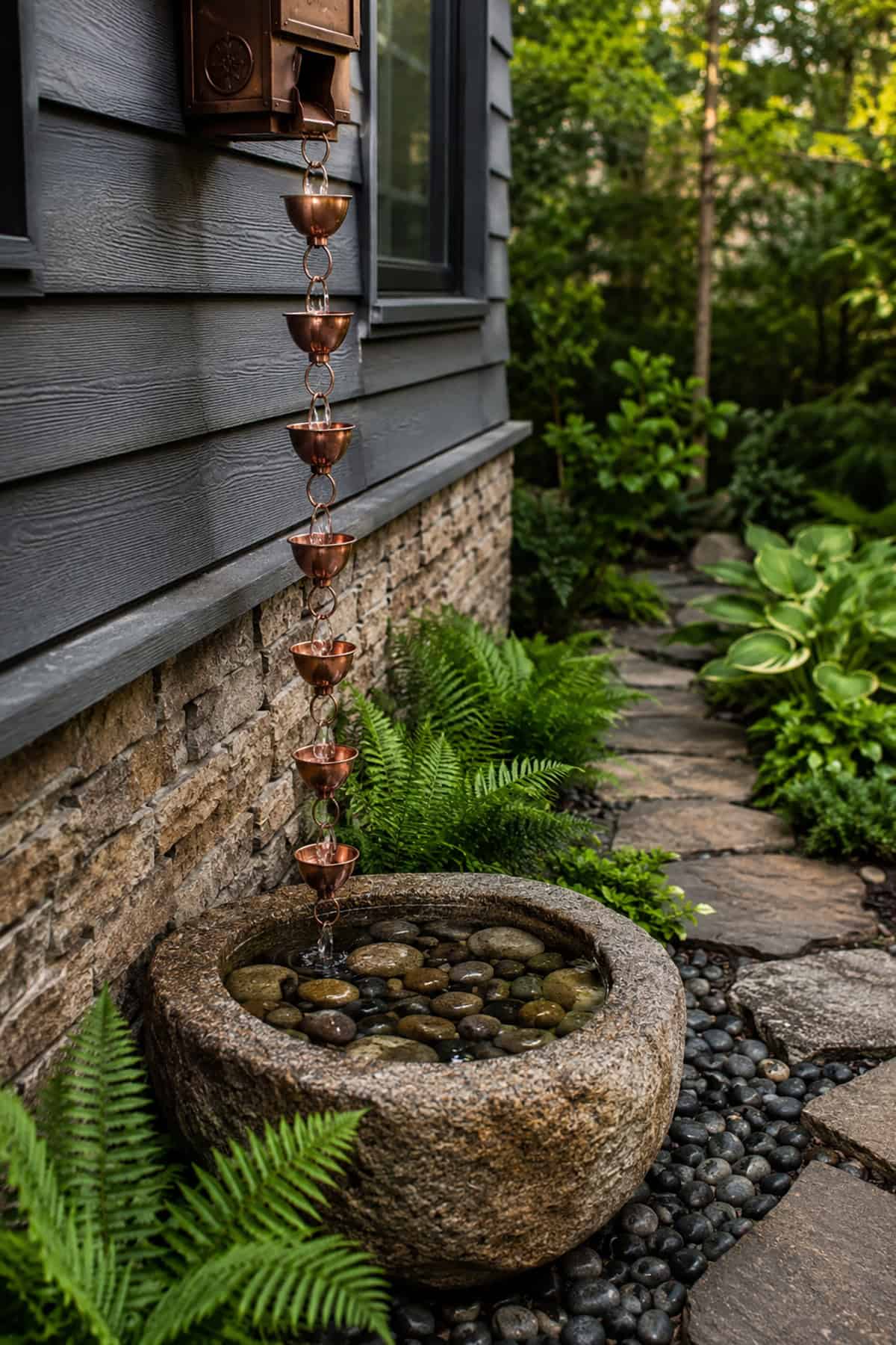 Decorative Rain Chain And Stone Basin