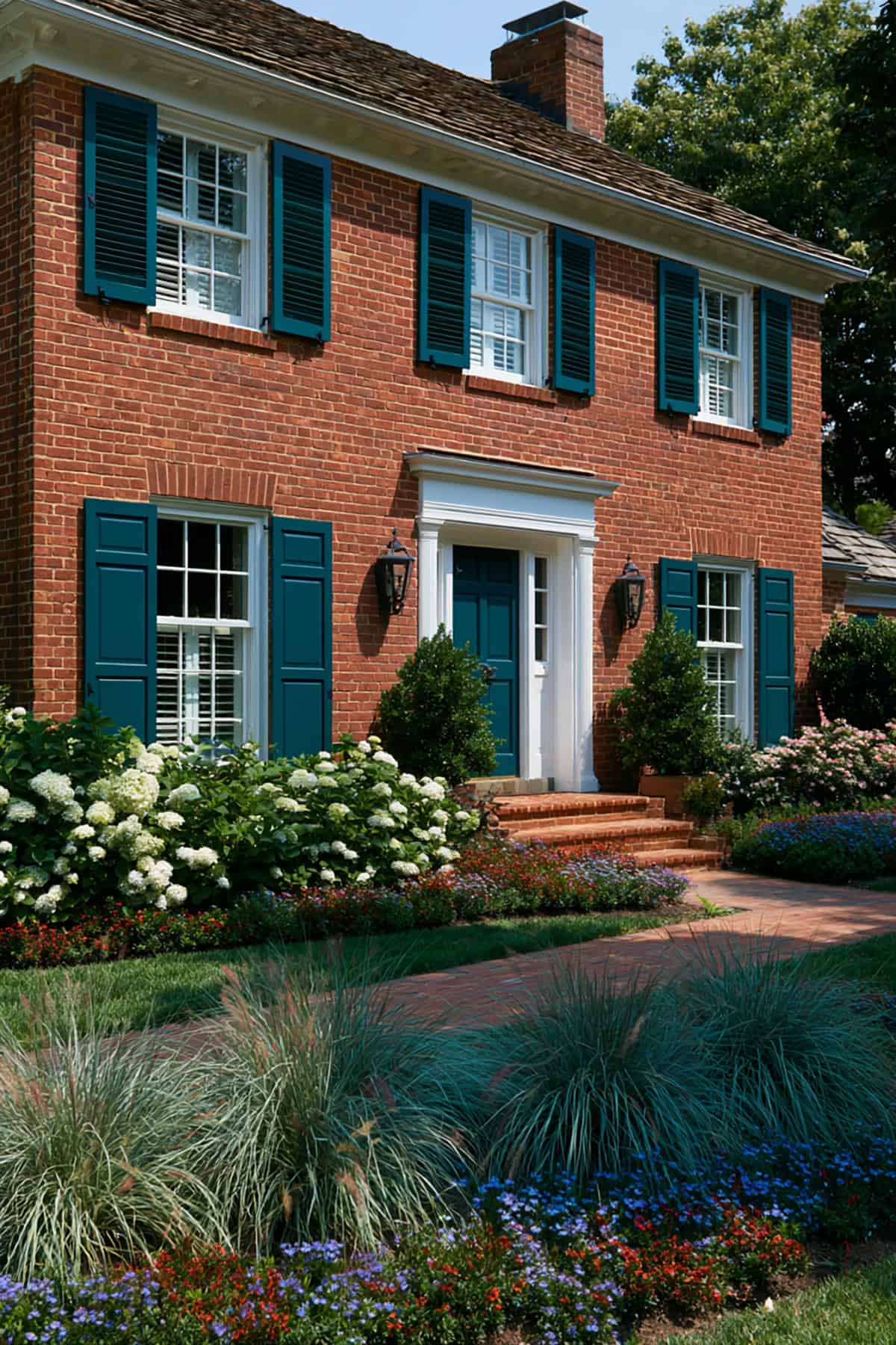 Deep Teal Shutters On Brick House