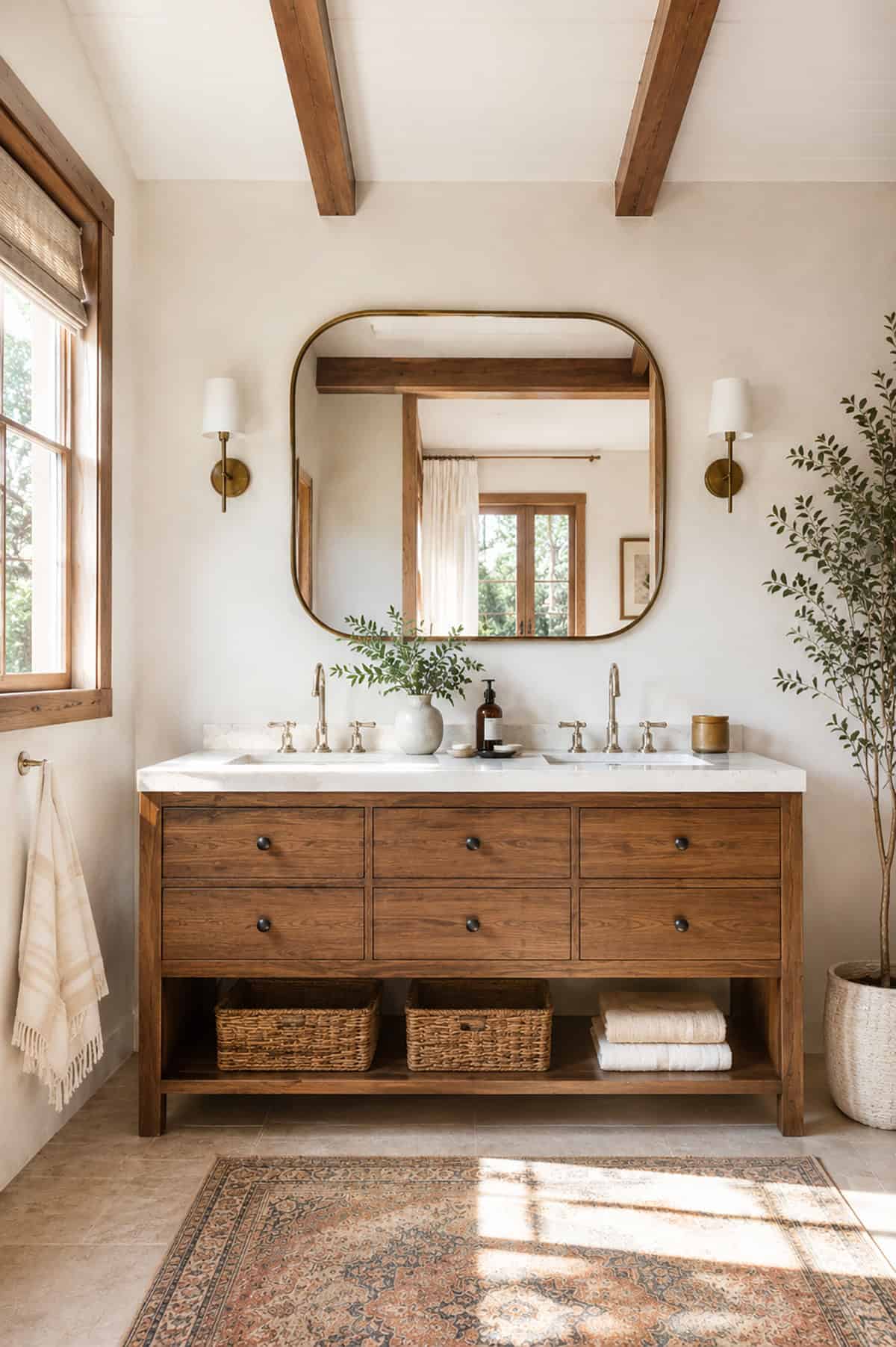 Double Sink Wood Vanity and Explosed Ceiling Beams