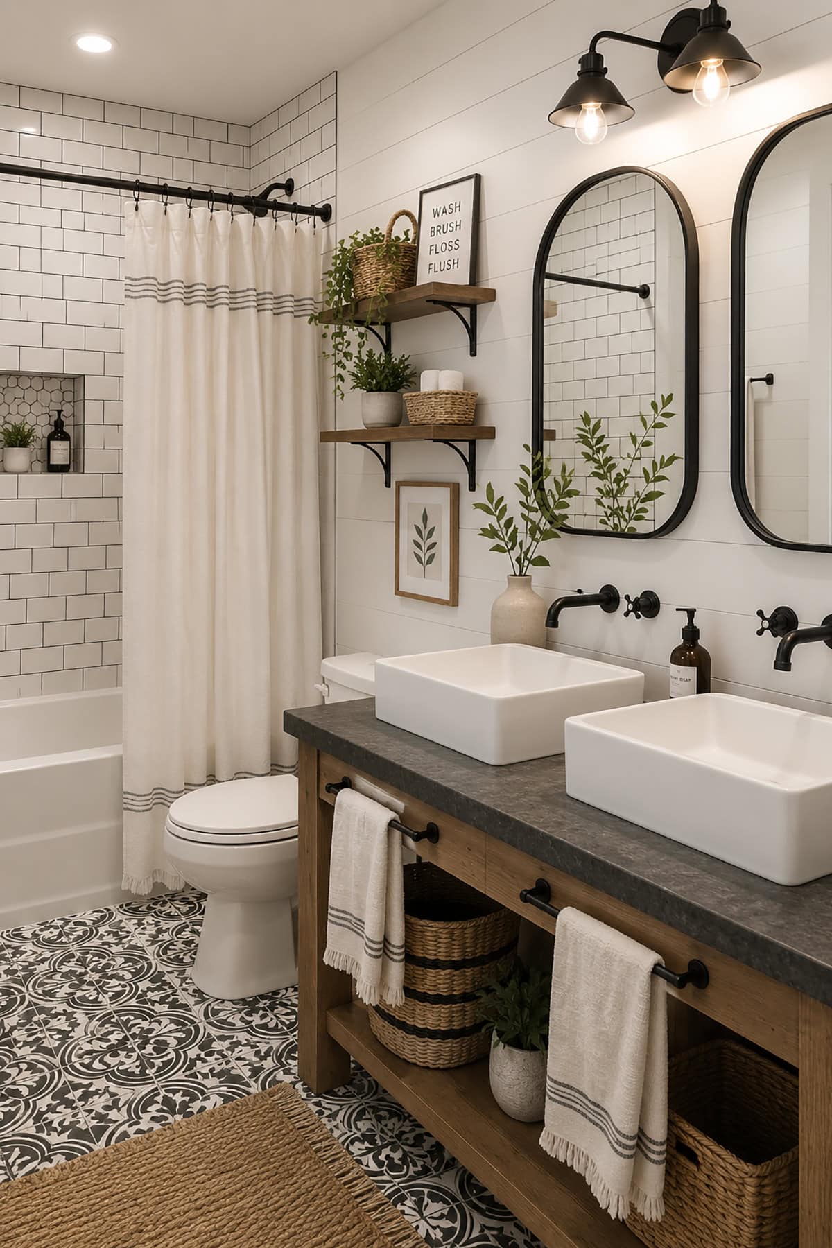 Double Vessel Sink Vanity and Patterned Tiles