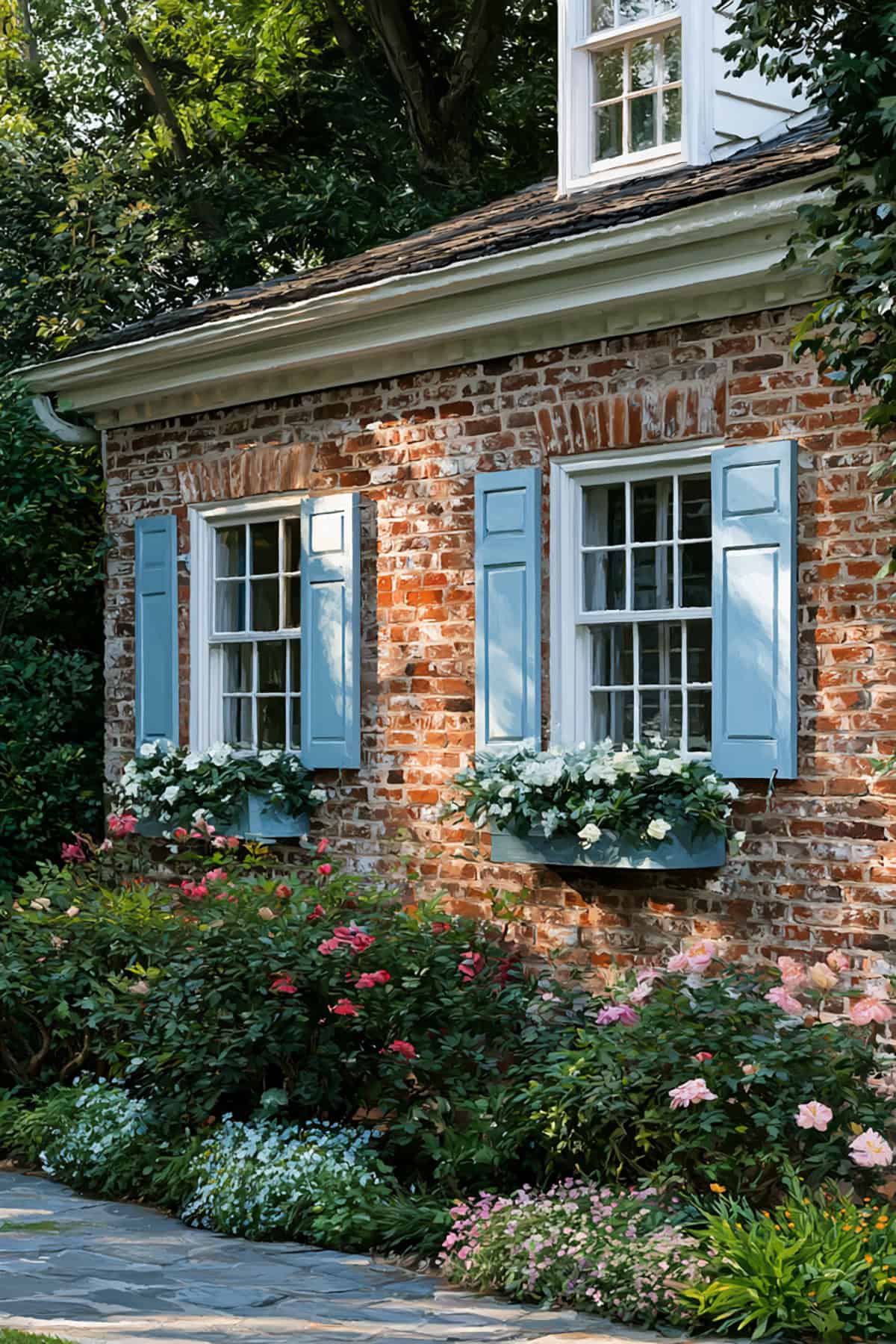 Dusty Blue Shutters On A Brick Cottage
