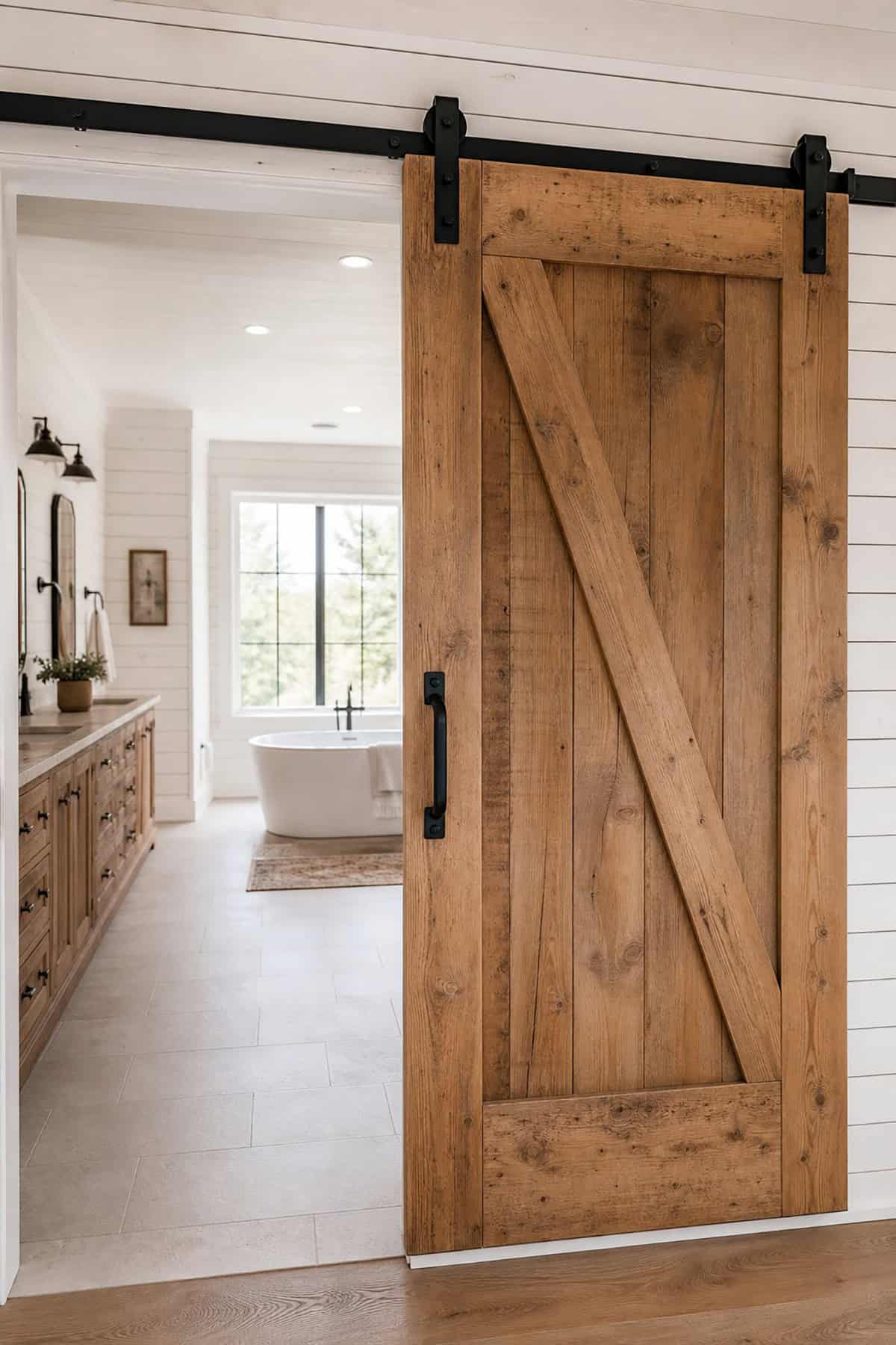 Farmhouse Bathroom with Large Sliding Barn Door