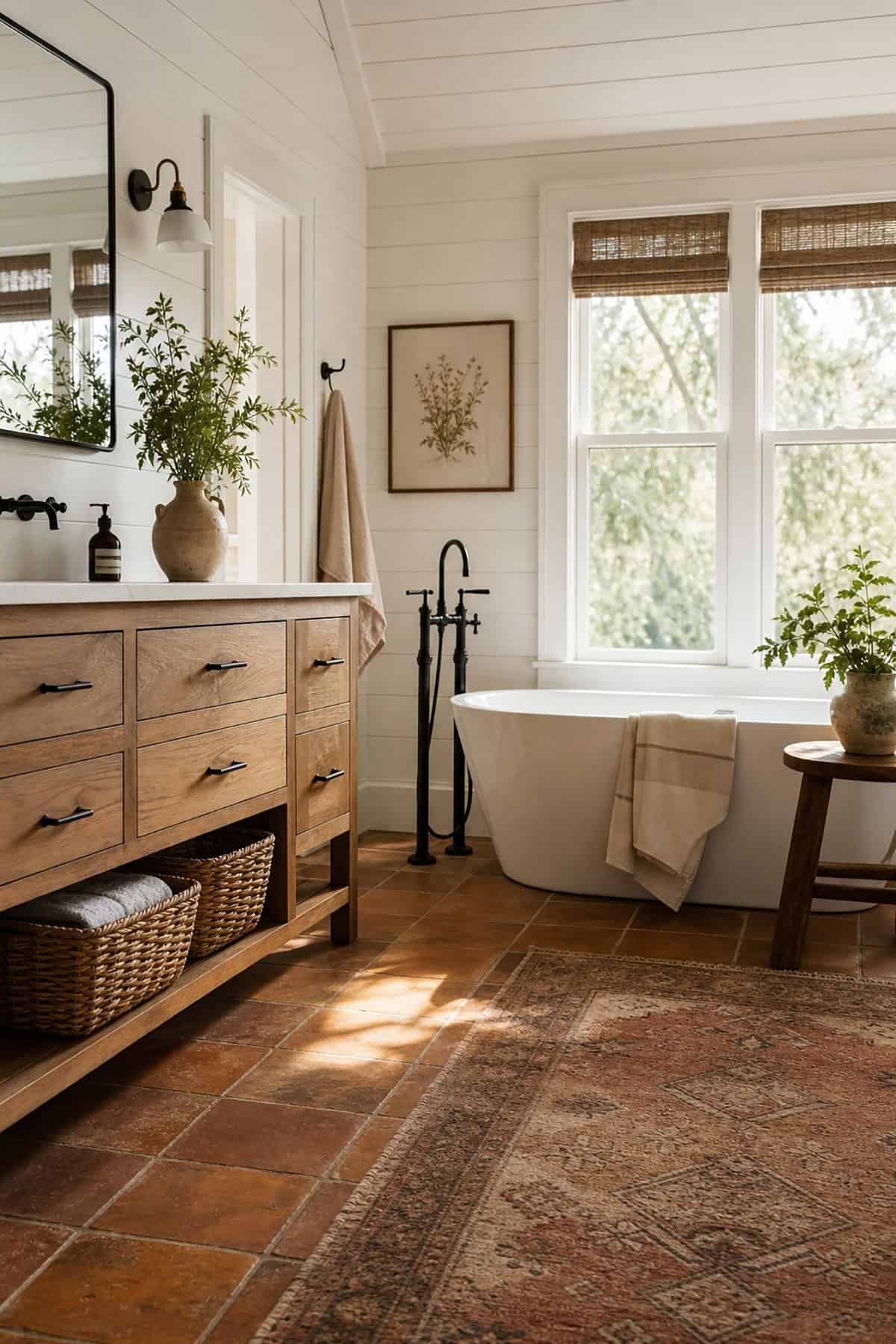Farmhouse Bathroom with Terracotta Floor Tiles