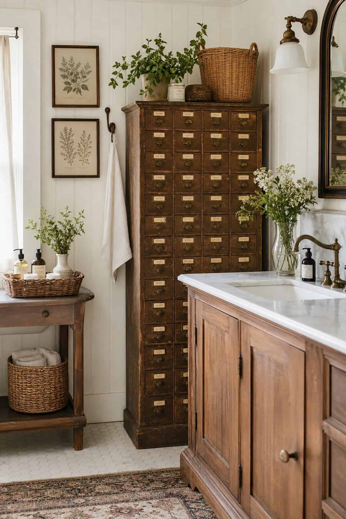 Farmhouse Bathroom with Vintage Apothecary Cabinet