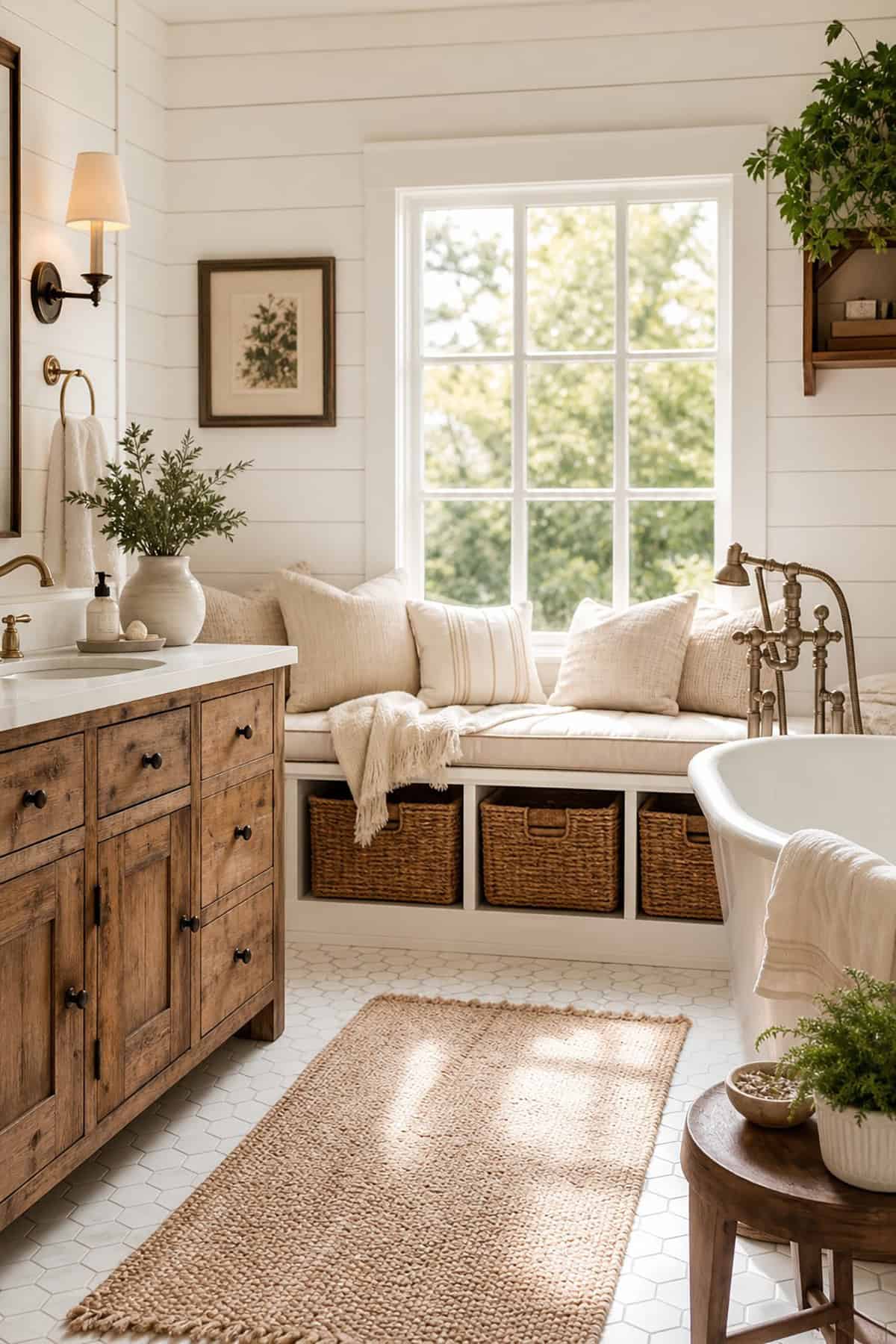 Farmhouse Bathroom with Window Bench