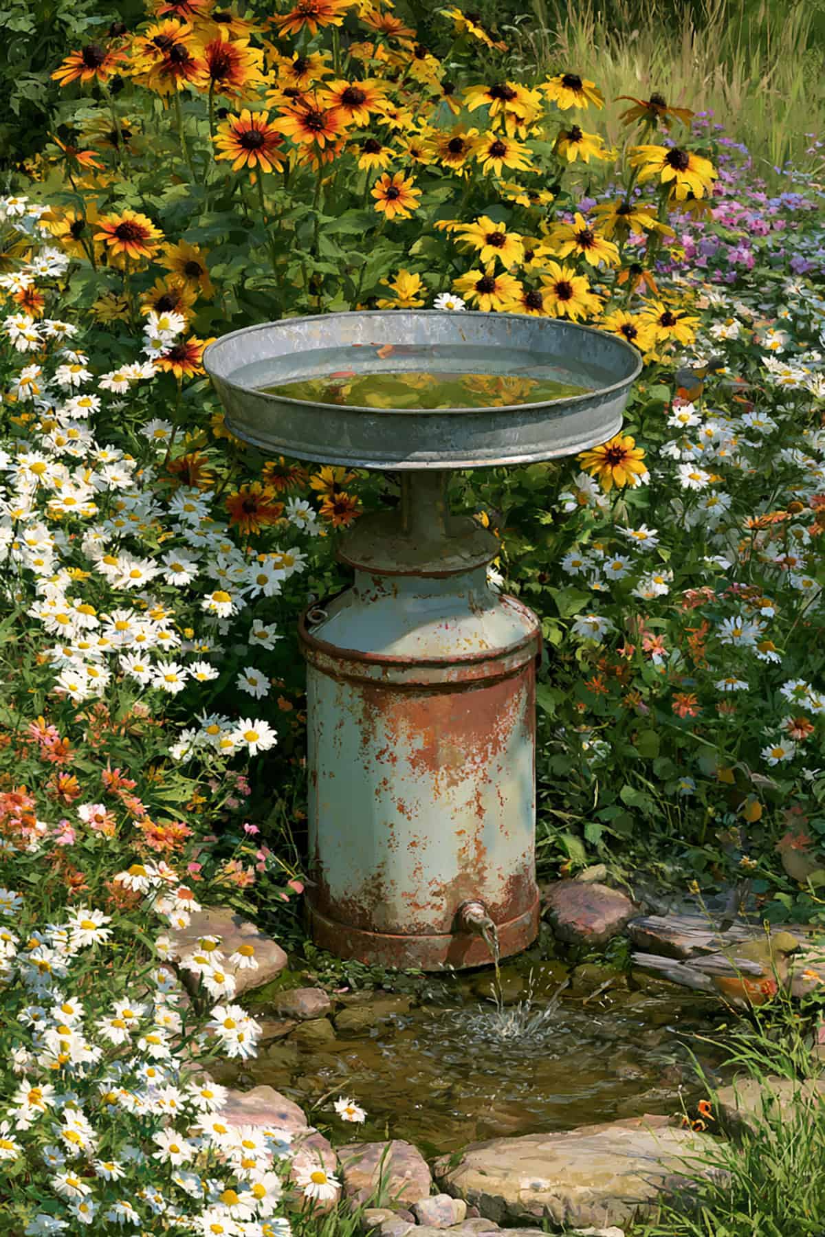Farmhouse Milk Can Bird Bath