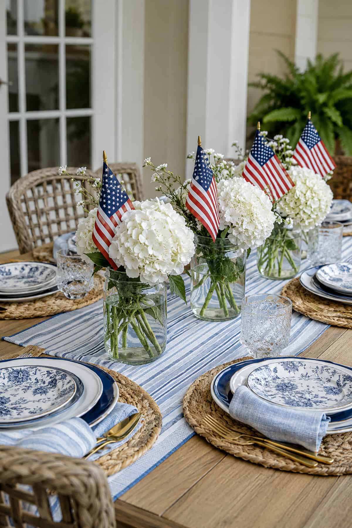 Flag and Hydrangea Porch Tablescape