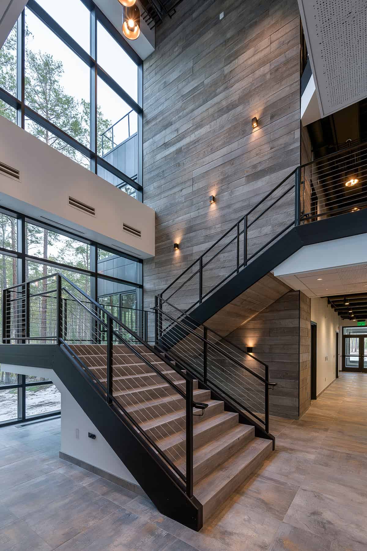 Floor To Ceiling Gray Shiplap Stair Wall