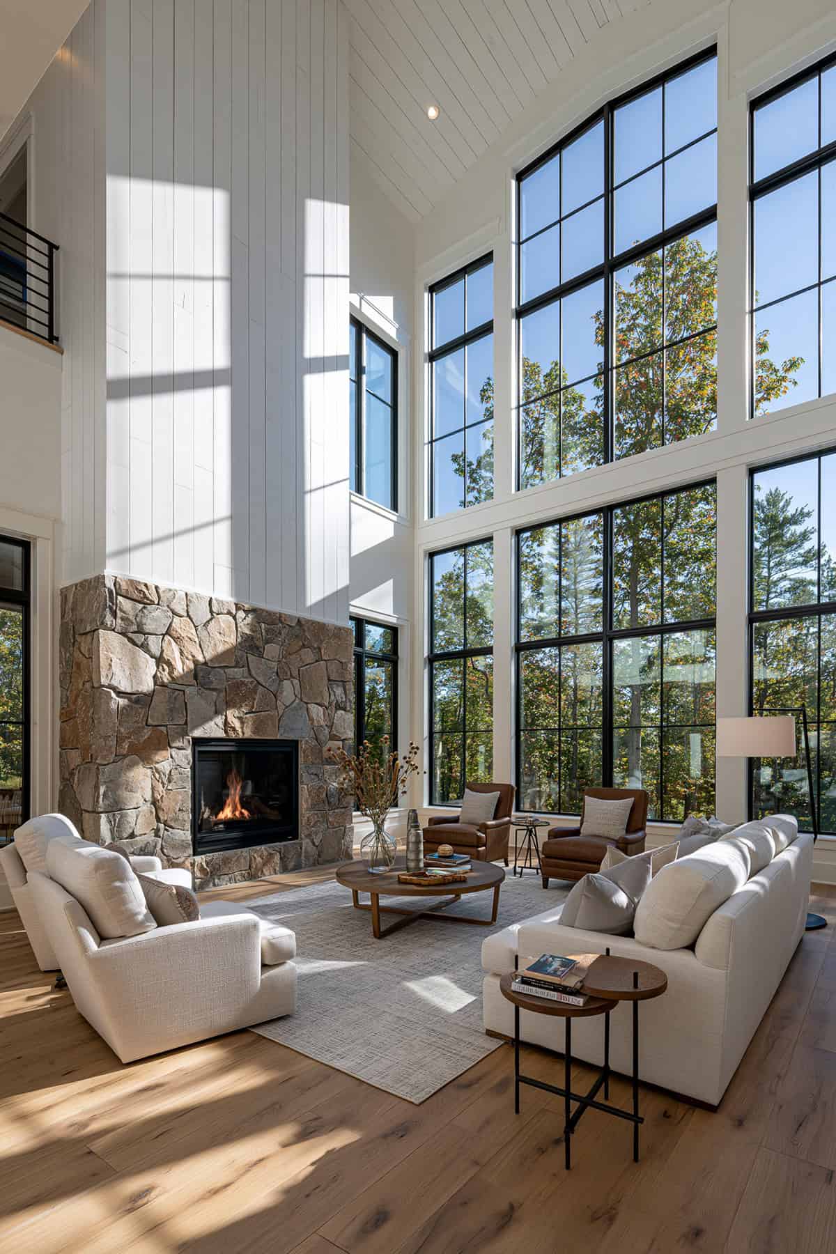 Floor To Ceiling White Shiplap Living Room Feature Wall
