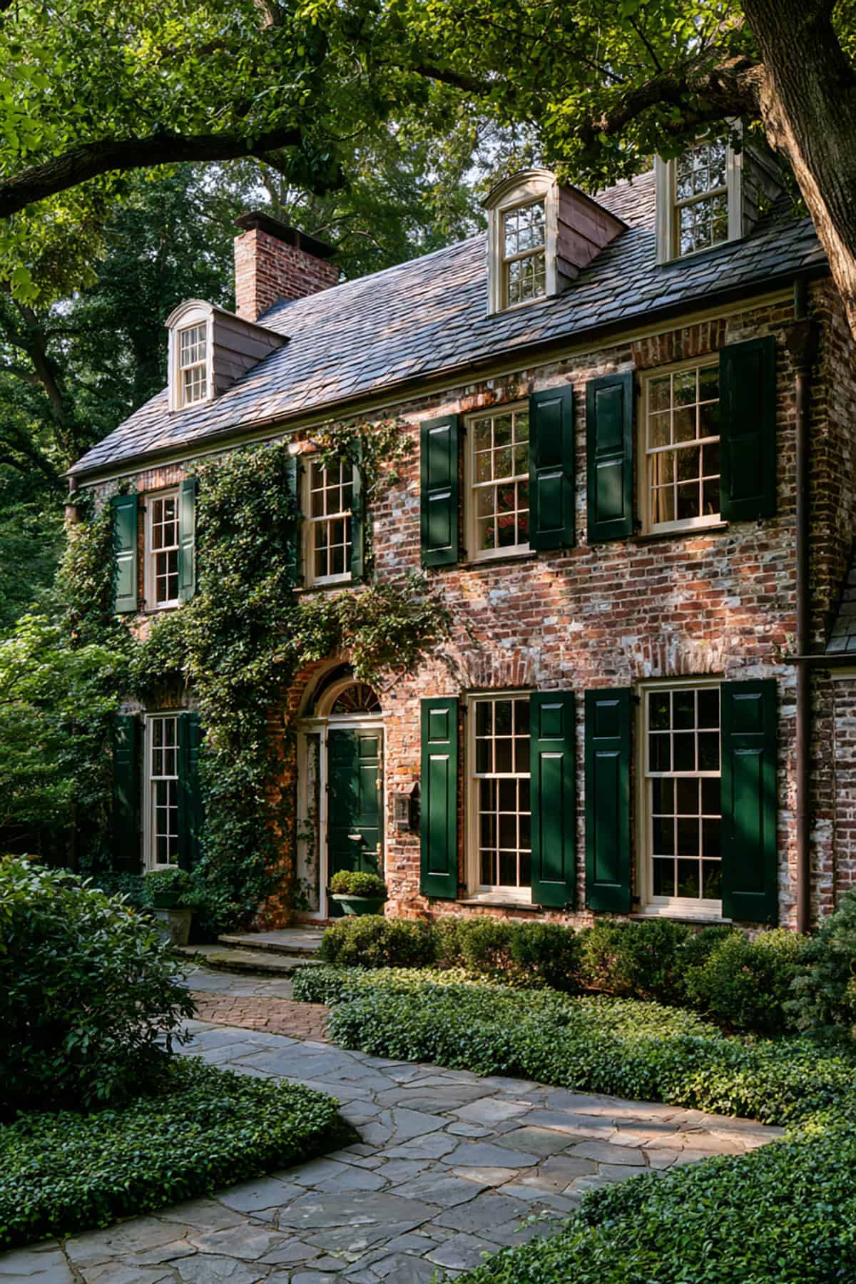 Forest Green Shutters On Weathered Brick