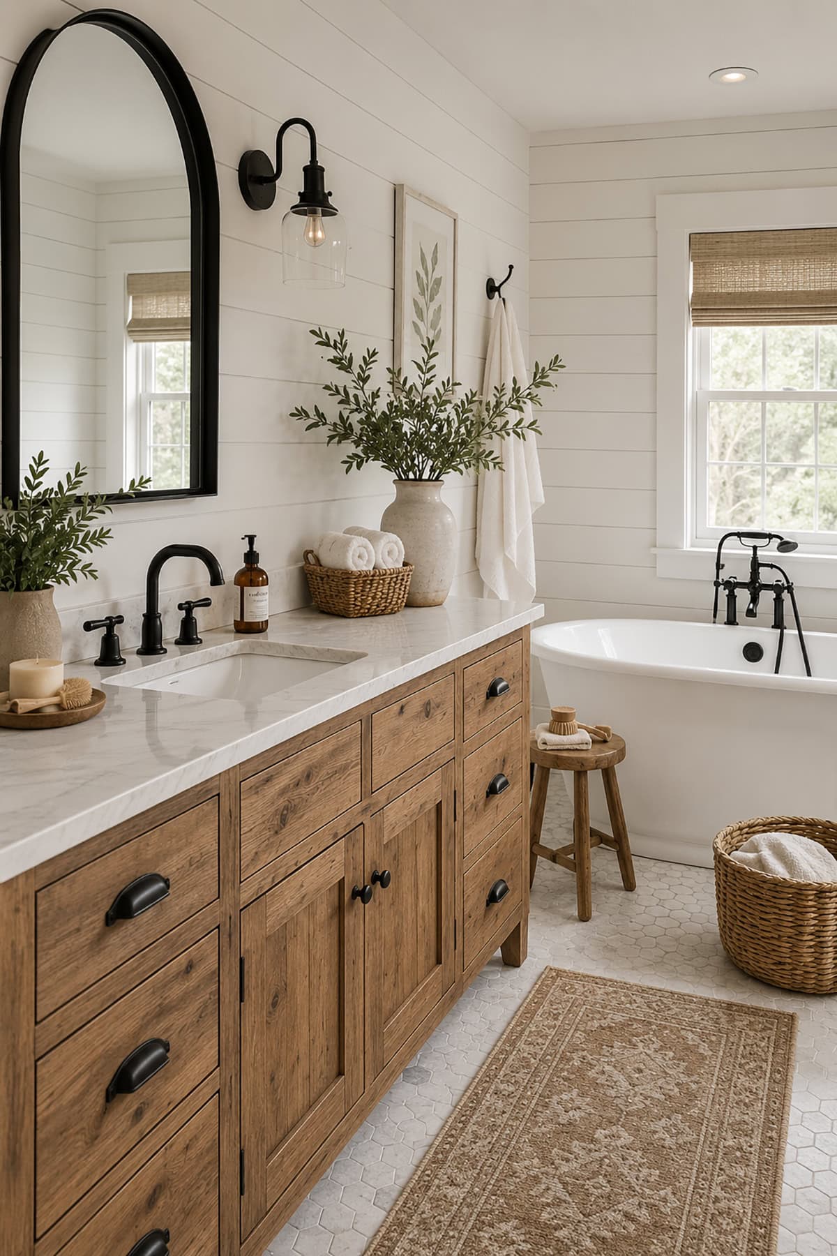 Freestanding Tub And Wood Cabinet Vanity