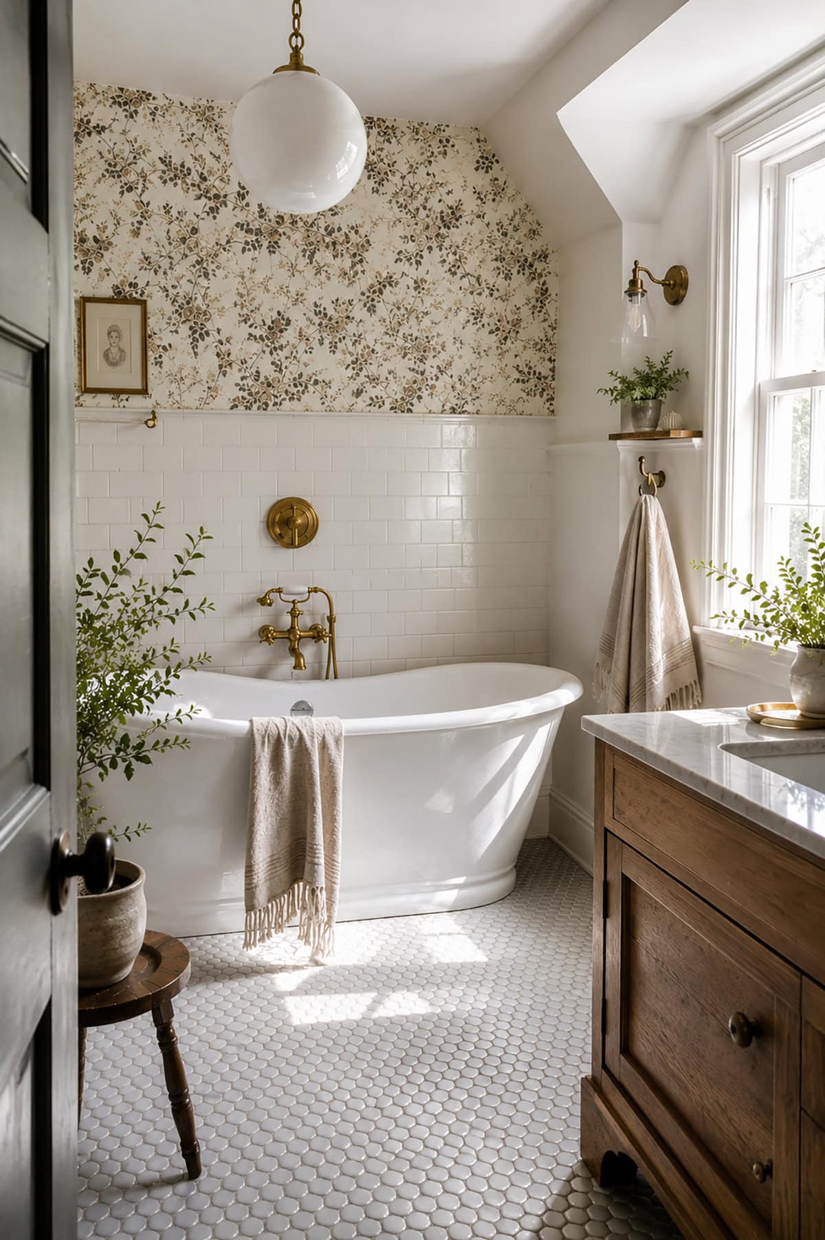 Half Tiled Walls and Floral Wallpaper