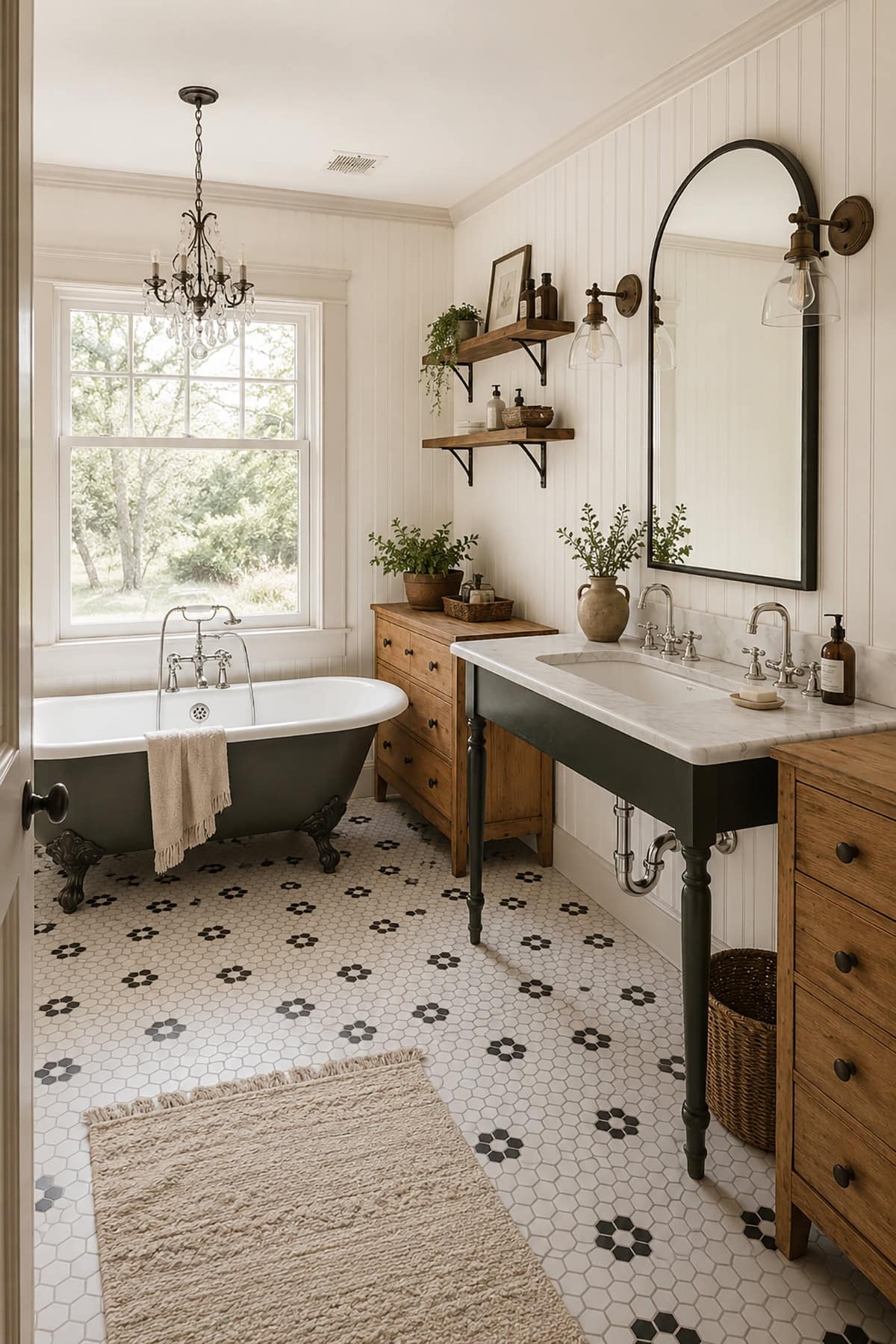Hex Tile And White Beadboard Combination